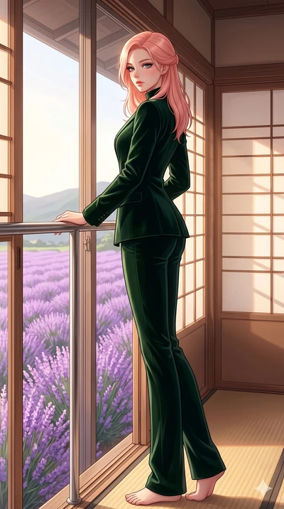 score_9, masterpiece, best quality, ultra-detailed, high-budget anime keyframe, editorial fashion photography, tasteful artistic composition, Japanese woman. low angle full-body shot from head to toe showing her feet, filling the entire 9:16 vertical