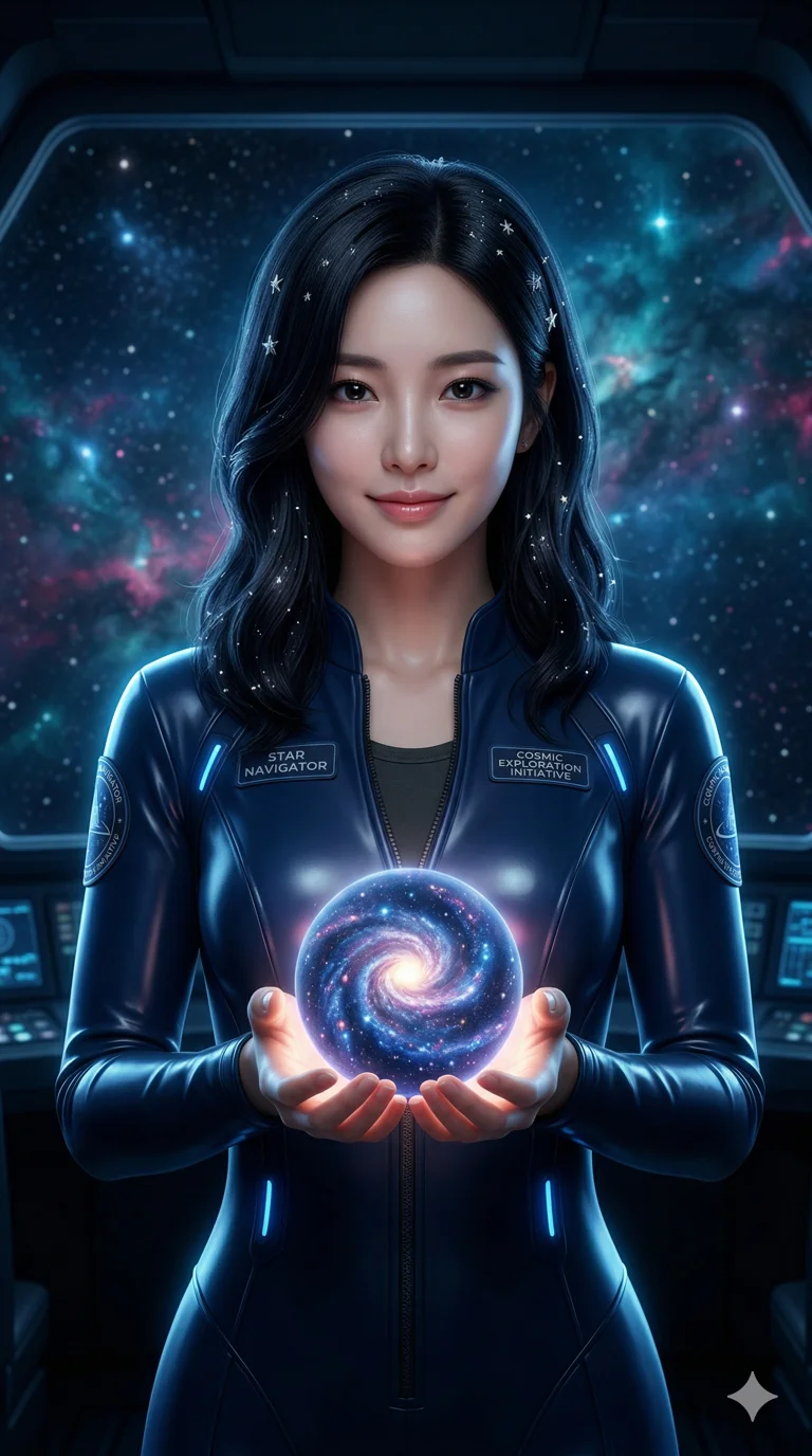 score_9, masterpiece, best quality, ultra-detailed, photorealistic 8k CG render, an incredibly beautiful Korean woman. Medium shot of upper body focusing on her alluring features. She is a star-navigator holding a miniature galaxy. She has an absolutely perfect 8-heads proportion, a towering and slender female figure. Her face is a masterpiece with raven black hair and silver sparkles. She is wearing a form-fitting glossy latex spacesuit unzipped, highlighting her alluring silhouette. Cosmic starfield and nebula clouds, dramatic rim lighting, radiant glowing skin, 2k, ultra detail, master piece, 9:16 ratio