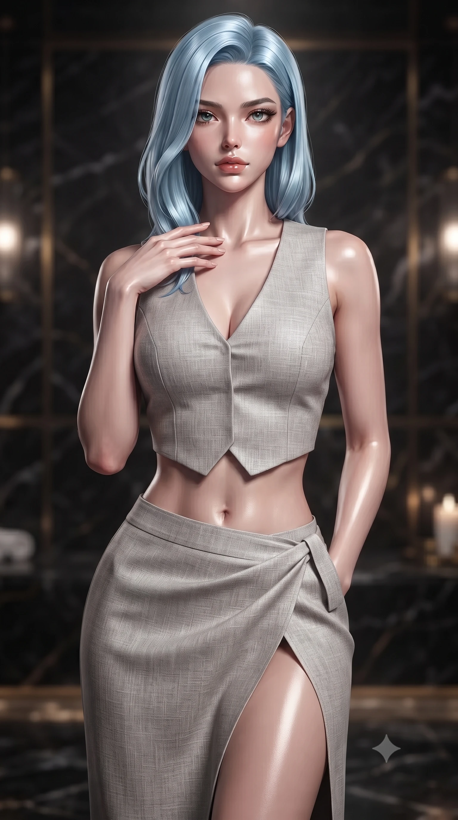 score_9, masterpiece, best quality, ultra-detailed, high-budget anime keyframe, editorial fashion photography, tasteful artistic composition, Korean woman woman. close-up cowboy shot from the waist and thighs up, the character dominates the composition, filling the frame with her large presence, background elements kept in soft focus. standing with one hand resting on her collarbone, looking at the viewer with bedroom-eyes the background shows a soft-focus a private steam room built of dark obsidian stone with gold accents. She has an exceptionally elegant, slender, and willowy female figure with an ultra-slim waist, a gracefully sculpted slender torso, and a refined silhouette. sharp v-shaped jawline, high-bridge nose, intricate jewel-like eyes with depth, thick eyelashes, glossy lips with a natural sheen. wearing a body-hugging tailored crop vest in light grey linen paired with a matching high-slit wrap skirt, showing her slim waist. dramatic chiaroscuro lighting focusing on her athletic, slender build. ultra-reflective glossy finish, specular highlights, metallic sheen, high-contrast stereoscopic depth, volumetric dynamic lighting, 2k, ultra detail, master piece, 9:16 ratio
