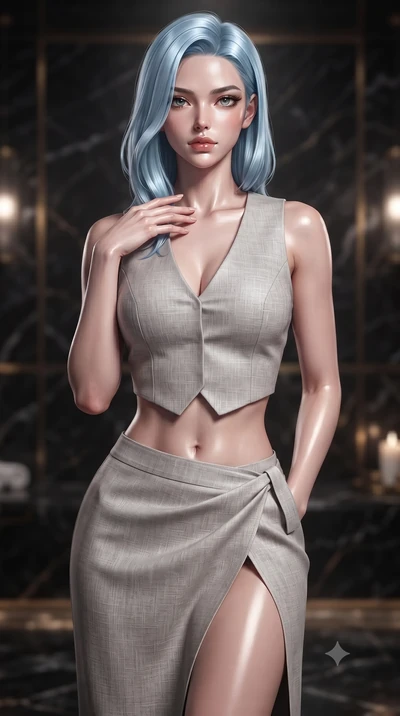score_9, masterpiece, best quality, ultra-detailed, high-budget anime keyframe, editorial fashion photography, tasteful artistic composition, Korean woman woman. close-up cowboy shot from the waist and thighs up, the character dominates the compositi