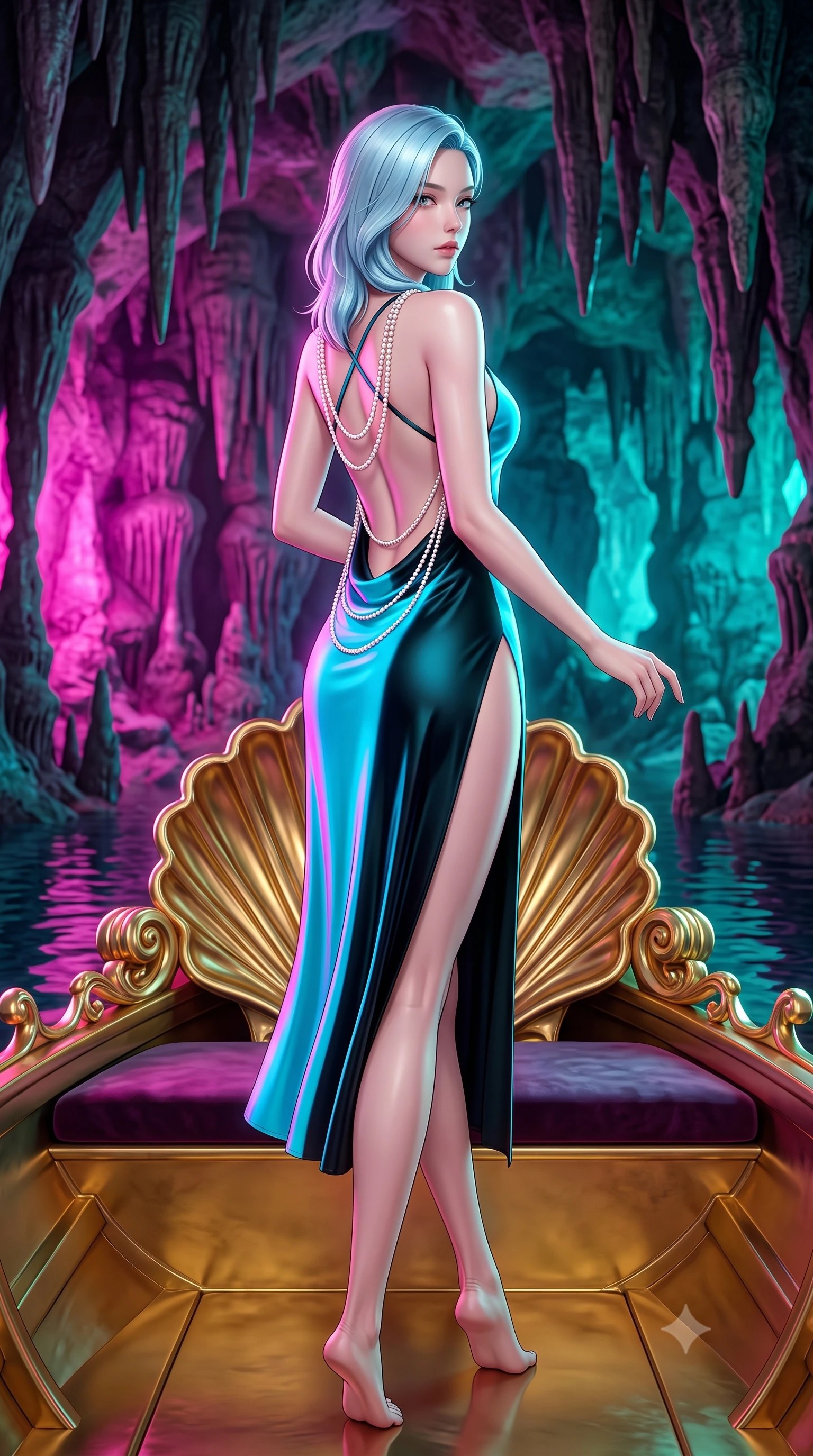 score_9, masterpiece, best quality, ultra-detailed, high-budget anime keyframe, semi-realistic 3D game render, editorial fashion photography, tasteful artistic composition, Korean woman. low angle full-body shot from head to toe showing her feet, filling the entire 9:16 vertical frame with her statuesque presence, stretching her vertical silhouette. executing an elegant mid-motion pivot turn as garments swirl around her slender limbs, glancing over her shoulder with an intoxicating bedroom-gaze while sitting poised on the velvet cushions of the gilded shell barge with legs crossed, her long slender legs and narrow waist glowing in vibrant colored cave lights. The surrounding environment is rendered in vivid detail and crisp panoramic clarity. sharp carved gilded shell boat flourishes, artificial stalactite textures, and cave water surface tension in deep focus. She has an exceptionally tall and slender model-like 8.5-heads proportion, an ultra-slim waist, a flat toned midriff, narrow delicate ribcage, and beautifully sculpted feminine hips creating a graceful, slim hourglass silhouette without any bulky heaviness, with impossibly long slender legs. sharp v-shaped jawline, high-bridge nose, intricate jewel-like eyes with depth, thick eyelashes, glossy parted lips with a natural sheen, intensely captivating and seductive bedroom-eyes expression, flawlessly proportioned anatomical accuracy, strict slender model proportions, natural body alignment, perfectly sculpted long slender limbs, ultra-slim waistline, clean dynamic posture without body distortion. wearing a backless cowl-neck satin slip dress featuring high-cut side hip slits and delicate criss-cross back straps in neon electric cyan and lacquer black, tailored from liquid silk jersey adhering flawlessly to her slender build, accented with a multi-strand pearl back necklace cascading down her bare spine to her hips, the glove-like aerodynamic silhouette tightly following the natural contour of her hips and long slender legs with statuesque 8.5-heads elegance. bathed in vibrant theatrical magenta and turquoise cave lighting contrasting with golden boat reflections. highly saturated vibrant anime colors, detailed shading with soft gradients, rich glossy textures, high-contrast stereoscopic depth, volumetric dynamic lighting, master piece, 9:16 ratio