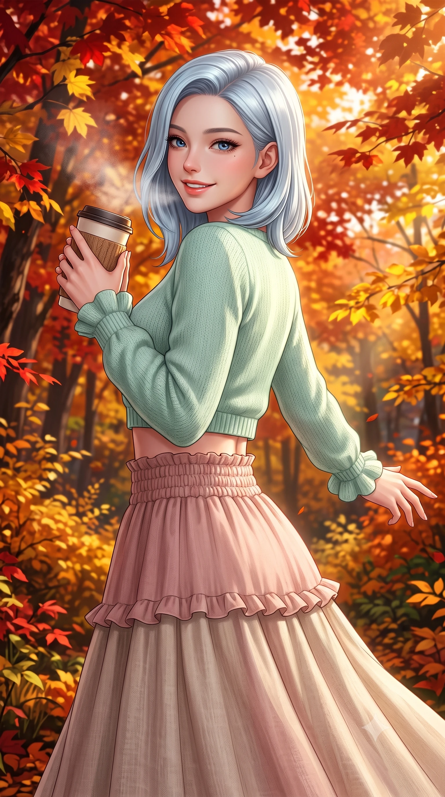 score_9, masterpiece, best quality, ultra-detailed, high-budget anime keyframe, semi-realistic 3D game render, editorial fashion photography, tasteful artistic composition, Korean woman. close-up cowboy shot from the waist and thighs up, the character dominates the composition, filling the frame with her large presence. extending one arm gracefully toward the scenery while turning back with an infectious, heartwarming smile while holding a warm insulated tumbler with both hands, soft breath misting lightly in the crisp mountain air with a sweet smile. The surrounding environment is rendered in vivid detail and crisp panoramic clarity. rich autumn chiaroscuro and breathtaking seasonal forest foliage captured with environmental precision. She has an exceptionally elegant, slender, and willowy female figure with an ultra-slim waist, a gracefully sculpted slender torso, toned flat midriff, and a refined slim silhouette. sharp v-shaped jawline, high-bridge nose, intricate jewel-like eyes with depth, thick eyelashes, glossy lips with a natural sheen, pure and lovely fresh girlhood expression, flawlessly proportioned anatomical accuracy, strict slender model proportions, natural body alignment, perfectly sculpted long slender limbs, ultra-slim waistline, clean dynamic posture without body distortion. wearing a stylish cropped pastel knit pullover paired with a high-waisted flowy A-line linen skirt in soft dusty rose and oatmeal beige, knitted from ultra-soft cozy baby-cashmere yarn, accented with soft smocked elastic details and ruffled cuff trims, the relaxed yet flattering fit accentuating her naturally graceful and slender figure, highlighting her youthful charm and lovely silhouette. bathed in warm amber afternoon autumn sunlight filtering through glowing red and gold canopies. highly saturated vibrant anime colors, detailed shading with soft gradients, rich glossy textures, high-contrast stereoscopic depth, volumetric dynamic lighting, master piece, 9:16 ratio