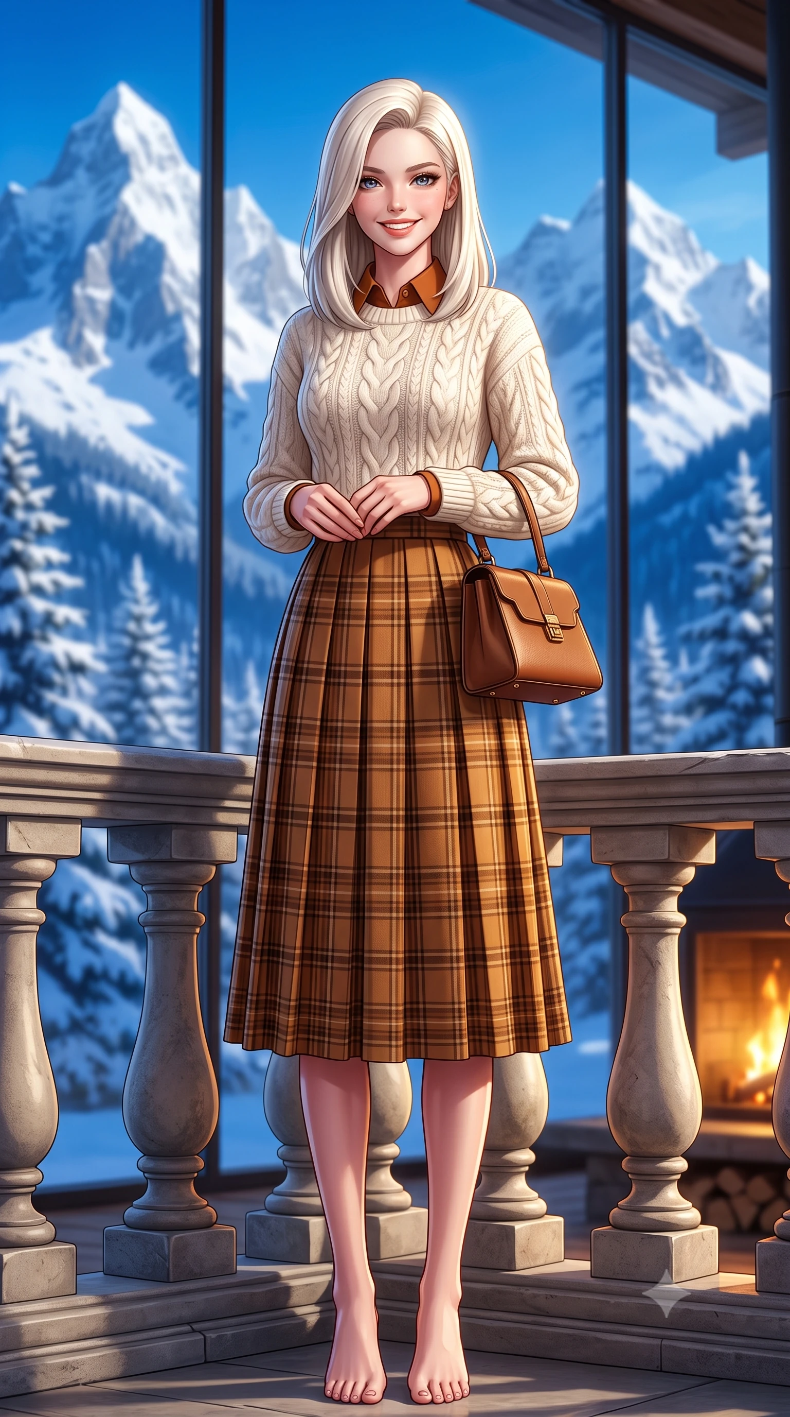 score_9, masterpiece, best quality, ultra-detailed, high-budget anime keyframe, semi-realistic 3D game render, editorial fashion photography, tasteful artistic composition, Caucasian woman. low angle full-body shot from head to toe showing her feet, filling the entire 9:16 vertical frame with her statuesque presence, stretching her vertical silhouette. standing poised beside the classical stone balustrade with one foot slightly forward, hands folded loosely before her with regal grace while standing poised beside the monumental floor-to-ceiling glass wall framing snow-capped Alpine peaks, smiling radiantly at the viewer. The background shows a soft-focus towering jagged snow-covered Swiss Alps, deep blue alpine sky, and frosted fir forests outside blurred into cobalt, stark white, and cedar bokeh. She has an exceptionally tall and slender model-like 8.5-heads proportion, an ultra-slim waist, a flat toned midriff, narrow delicate ribcage, and beautifully sculpted feminine hips creating a graceful, slim hourglass silhouette without any bulky heaviness, with impossibly long slender legs. sharp v-shaped jawline, high-bridge nose, intricate jewel-like sparkling eyes with depth, thick eyelashes, glossy parted lips with a natural peach sheen, bright cheerful beaming smile with an enchanting and coquettish sensual glint, exuding both youthful cute charm and seductive allure, flawlessly proportioned anatomical accuracy, strict slender model proportions, natural body alignment, perfectly sculpted long slender limbs, ultra-slim waistline, clean dynamic posture without body distortion. wearing an ivory cable-knit fisherman sweater paired with a pleated wool tartan midi skirt and a crisp collared poplin shirt in warm winter cinnamon and toasted caramel, made of luxurious brushed wool flannel with rich textural depth and clean structure, finished with a structured leather top-handle mini bag resting gracefully at her side, the streamlined silhouette following her natural slender proportions with sophisticated poise, enhancing her tall willowy presence. bathed in the dramatic high-altitude Swiss mountain sunlight streaming through panoramic windows mixed with golden hearth firelight. highly saturated vibrant anime colors, detailed shading with soft gradients, rich glossy textures, high-contrast stereoscopic depth, volumetric dynamic lighting, master piece, 9:16 ratio