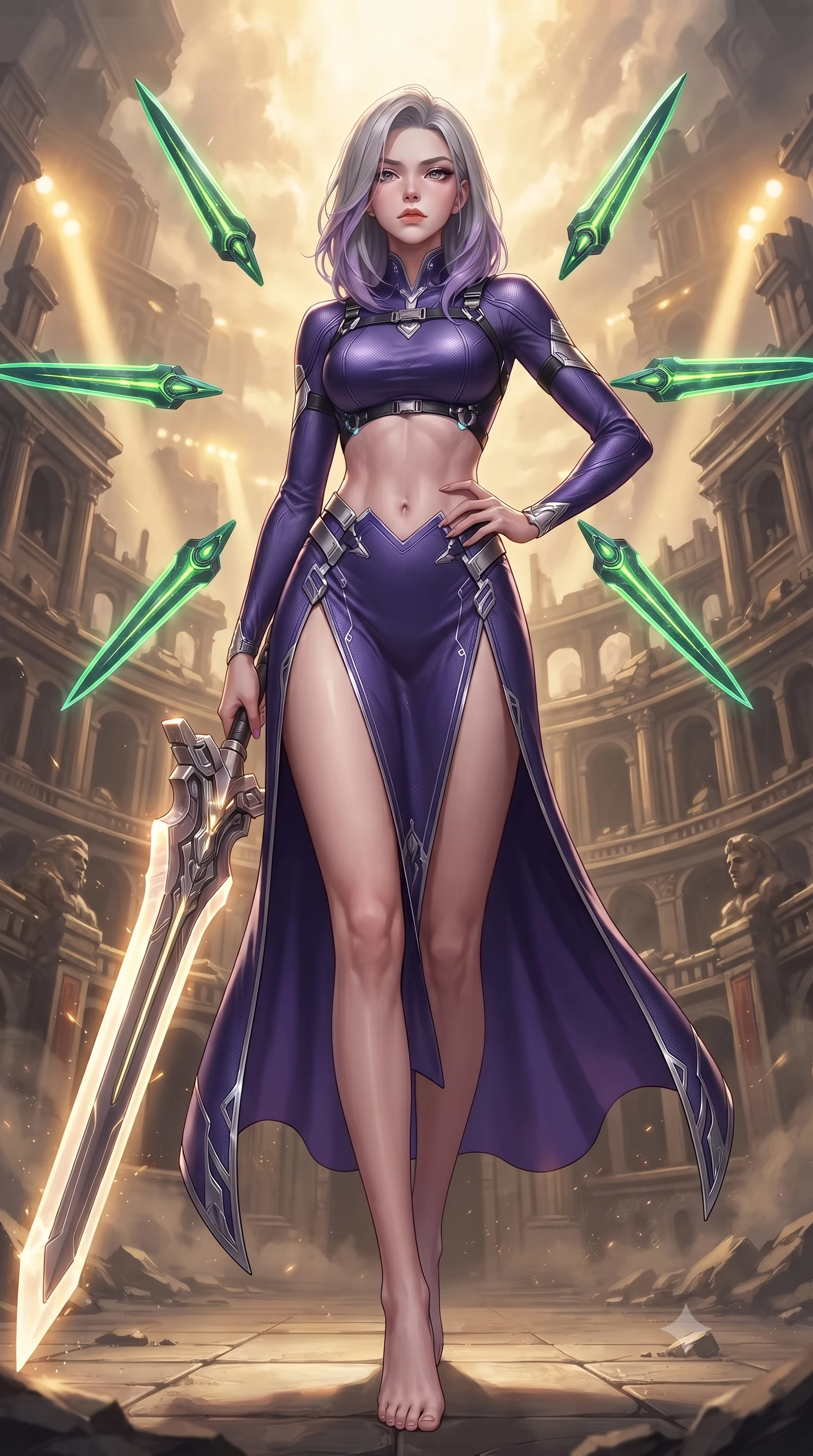 score_9, masterpiece, best quality, ultra-detailed, high-budget anime keyframe, editorial fashion photography, tasteful artistic composition, Caucasian woman. low angle full-body shot from head to toe showing her feet, filling the entire 9:16 vertical frame with her statuesque presence, stretching her vertical silhouette. striding forward with commanding supermodel grace, weapon held at the ready, her 8.5-heads statuesque silhouette dominating the vertical frame from head to toe while resting one hand on her slender hip while looking down the edge of her massive weapon with haughty, captivating allure. The surrounding environment is rendered in vivid detail and crisp panoramic clarity. dramatic warrior chiaroscuro and monumental ruined arena architecture rendered in panoramic precision. She has an absolutely perfect, statuesque 8.5-heads proportion, an exceptionally tall and slender model-like female figure with impossibly long slender legs, a toned flat midriff, and an ultra-slim waist. sharp v-shaped jawline, high-bridge nose, intricate jewel-like eyes with depth, thick eyelashes, glossy lips with a natural sheen, flawlessly proportioned anatomical accuracy, strict slender model proportions, natural body alignment, perfectly sculpted long slender limbs, ultra-slim waistline, clean dynamic posture without body distortion. wearing a precision-fitted royal purple carbon-fiber battle-dress with high-slit tactical skirt and silver accents, directing eight floating nano-crystal funnel blades with sovereign gestures in emerald green carbon composite with glowing lime laser channels, made of liquid carbon-jersey fabric adhering flawlessly to her sculpted silhouette, reinforced by a sleek titanium tactical harness and glowing micro-energy straps, the sleek second-skin cut tightly hugging her graceful clavicle, narrow waist, and feminine curves with athletic precision. bathed in warm golden arena searchlights and glowing greatsword energy channel radiance. ultra-reflective glossy finish, specular highlights, dark metallic sheen, high-contrast stereoscopic depth, volumetric dynamic lighting, 2k, ultra detail, master piece, 9:16 ratio