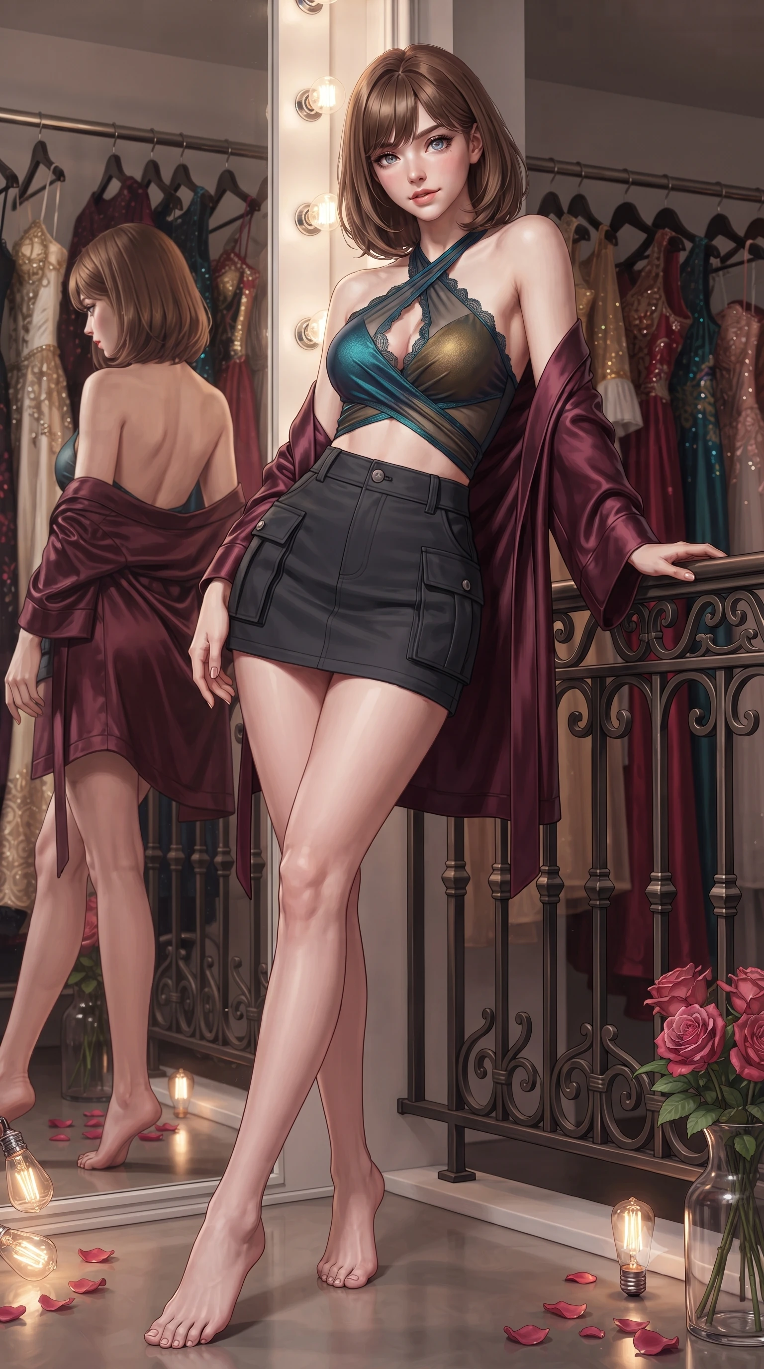 score_9, masterpiece, best quality, ultra-detailed, high-budget anime keyframe, editorial fashion photography, tasteful artistic composition, Caucasian woman. low angle full-body shot from head to toe showing her feet, filling the entire 9:16 vertical frame with her statuesque presence, stretching her vertical silhouette. leaning deep against the balcony balustrade with hips cocked back in an unapologetically alluring high-fashion stance, casting an intoxicating glance while standing poised between hanging stage costumes with hips cocked back, a silk robe slipping off bare shoulders with teasing allure. The surrounding environment is rendered in vivid detail and crisp panoramic clarity: sharp glass mirror reflection clarity, incandescent bulb filament glow, and fresh rose petal water droplets in deep focus. She has an absolutely perfect, statuesque 8.5-heads proportion, an exceptionally tall and slender model-like female figure with impossibly long slender legs, an ultra-slim waist, a flat toned midriff, narrow delicate ribcage, and beautifully sculpted feminine hips creating a graceful, slim hourglass silhouette without any bulky heaviness. sharp v-shaped jawline, high-bridge nose, sparkling eyes with hypnotic seductive depth, thick curled eyelashes, glossy parted lips with a natural dewy peach sheen, alluring bedroom-eyes with an enchanting coquettish smile, exuding magnetic siren charisma and sophisticated glamour, flawlessly proportioned anatomical accuracy, strict slender model proportions, natural body alignment, perfectly sculpted long slender limbs, ultra-slim waistline, clean dynamic posture without body distortion. wearing a high-waisted tactical wrap mini skirt with dual utility pockets paired with a plunging criss-cross halter sports top in iridescent peacock teal and burnished antique brass, made of semi-opaque stretch illusion mesh with soft shadowy contours, finished with scalloped eyelash lace trim framing her sweetheart neckline with intimate elegance, the precision-cut side openings and low-back scoop framing her graceful spine and the sensual sweep of her slim, toned hips. bathed in flattering 2700K vanity perimeter bulb lighting casting soft dimensional facial highlights. ultra-reflective glossy finish, specular highlights, rich textural contrasts, high-contrast stereoscopic depth, volumetric dynamic lighting, 2k, ultra detail, master piece, 9:16 ratio