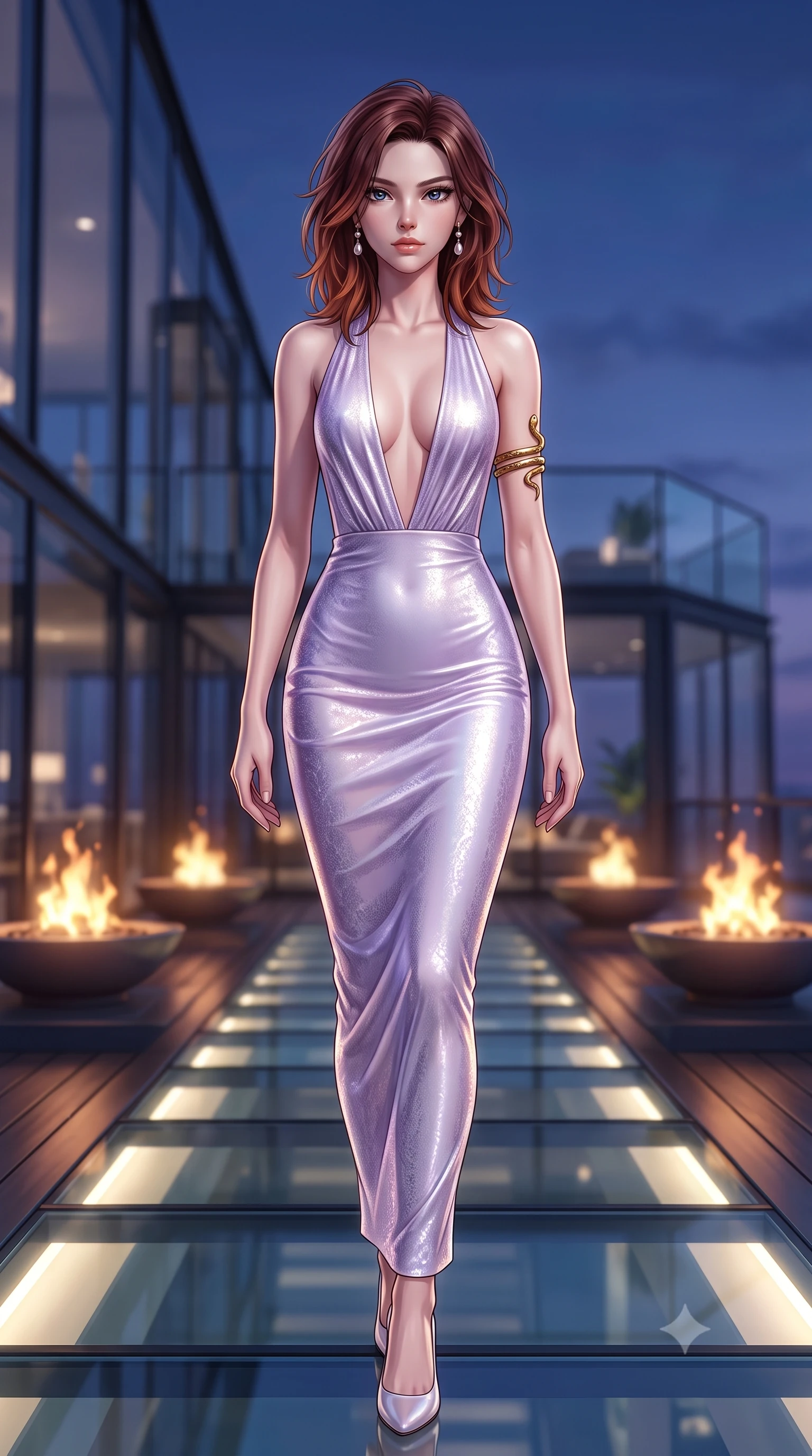 score_9, masterpiece, best quality, ultra-detailed, high-budget anime keyframe, semi-realistic 3D game render, editorial fashion photography, tasteful artistic composition, Korean woman. low angle full-body shot from head to toe showing her feet, filling the entire 9:16 vertical frame with her statuesque presence, stretching her vertical silhouette. stepping forward gracefully in mid-motion, displaying her toned flat midriff and flawlessly sculpted slender limbs while striding along the illuminated glass deck with effortless high-fashion authority and statuesque poise. The composition keeps background elements in soft focus with creamy bokeh. penthouse glass architecture and glowing rooftop fire pits softened in cinematic shallow depth of field. She has an absolutely perfect, statuesque 8.5-heads proportion, an exceptionally tall and slender model-like female figure with impossibly long slender legs, a toned flat midriff, and an ultra-slim waist. sharp v-shaped jawline, high-bridge nose, intricate jewel-like eyes with depth, thick eyelashes, glossy lips with a natural sheen, captivating and magnetic expression, flawlessly proportioned anatomical accuracy, strict slender model proportions, natural body alignment, perfectly sculpted long slender limbs, ultra-slim waistline, clean dynamic posture without body distortion. wearing a plunging halter-neck liquid-metallic column dress with a dramatic bare spine in pearlescent opal with soft violet luster, formed from shimmering French lace over smooth silk lining, accented with a sculptured gold serpent armlet and pearl drop earrings, the liquid-tight tailored fabric emphasizing every curve of her tall, slender model proportions and sculptured silhouette during dynamic movement. bathed in twilight indigo sky tones and warm amber rooftop fire pit glow. highly saturated vibrant anime colors, detailed shading with soft gradients, rich glossy textures, high-contrast stereoscopic depth, volumetric dynamic lighting, master piece, 9:16 ratio