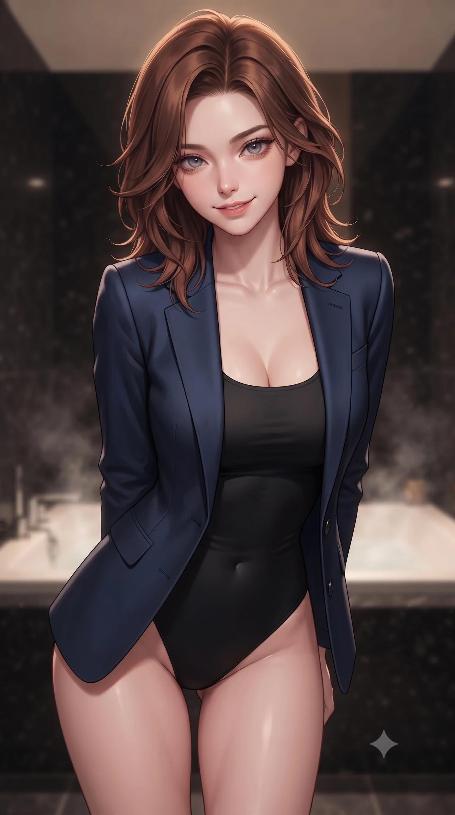 score_9, masterpiece, best quality, ultra-detailed, high-budget anime keyframe, editorial fashion photography, tasteful artistic composition, Korean woman. close-up cowboy shot from the waist and thighs up, the character dominates the composition, filling the frame with her large presence, background elements kept in soft focus. leaning slightly forward with a playful, teasing smile, her gaze locked onto the viewer the background shows a soft-focus a private spa suite with black granite walls and a steaming cypress soak tub. She has an exceptionally elegant, slender, and willowy female figure with an ultra-slim waist, a gracefully sculpted slender torso, and a refined silhouette. sharp v-shaped jawline, high-bridge nose, intricate jewel-like eyes with depth, thick eyelashes, glossy lips with a natural sheen. wearing a slim-fit sleek tailored blazer in navy blue worn closed over a tight-fitting black bodysuit. low-contrast, soft warm ambient uplight casting a serene glow. ultra-reflective glossy finish, specular highlights, metallic sheen, high-contrast stereoscopic depth, volumetric dynamic lighting, 2k, ultra detail, master piece, 9:16 ratio