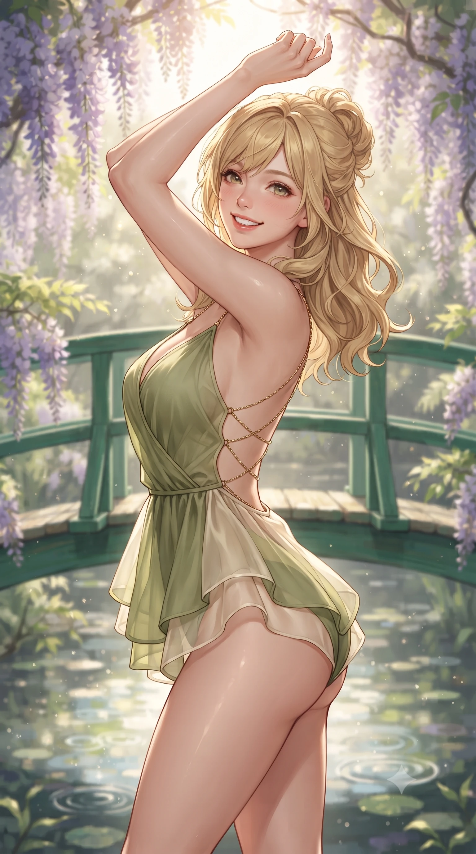 score_9, masterpiece, best quality, ultra-detailed, high-budget anime keyframe, editorial fashion photography, tasteful artistic composition, Caucasian woman. close-up cowboy shot from the waist and thighs up, the character dominates the composition, filling the frame with her large presence. playfully stretching one arm overhead toward the sun, her radiant smile capturing fresh girlhood charm while her arched torso reveals an intoxicating hip contour while pausing gracefully at the center of the iconic green arched wooden bridge draped in wisteria, arching her back with an enchanting, bright cute smile. The composition keeps background elements in soft focus with dreamy creamy bokeh. sun-dappled pond reflections and gentle water ripples softened in impressionist romantic shallow focus. She has an exceptionally elegant, slender, and willowy female figure with an ultra-slim waist, flat toned midriff, narrow ribcage, and sculpted feminine hips creating an alluring, slim hourglass silhouette without bulk. sharp v-shaped jawline, high-bridge nose, intricate jewel-like sparkling eyes with depth, thick eyelashes, glossy parted lips with a natural peach sheen, bright cheerful beaming smile with an enchanting and coquettish sensual glint, exuding both youthful cute charm and seductive allure, flawlessly proportioned anatomical accuracy, strict slender model proportions, natural body alignment, perfectly sculpted long slender limbs, ultra-slim waistline, clean dynamic posture without body distortion. wearing a second-skin stretch cotton camisole romper with high-cut leg openings and an open back in matcha green and warm ivory, woven from layered gossamer organza with weightless flutter, accented with a delicate gold chain belt resting loosely on her curvy hips, the precision-cut side openings and low-back scoop framing her graceful spine and the sensual sweep of her slim, toned hips. bathed in soft, radiant morning French sunshine filtering through wisteria blossoms. ultra-reflective glossy finish, specular highlights, rich textural contrasts, high-contrast stereoscopic depth, volumetric dynamic lighting, 2k, ultra detail, master piece, 9:16 ratio