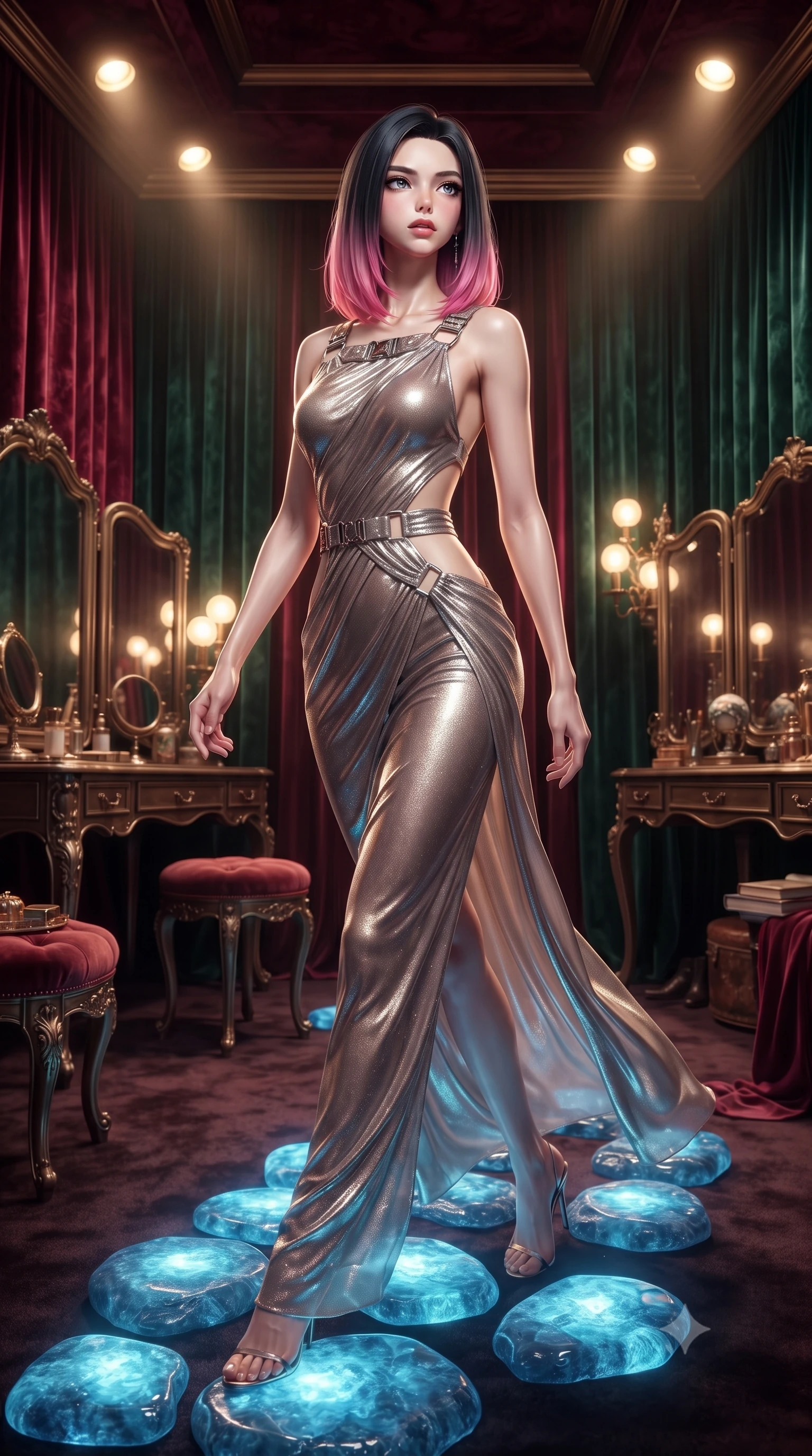 score_9, masterpiece, best quality, ultra-detailed, High-budget Anime Keyframe, editorial fashion photography, tasteful artistic composition, realistic cosplay photography, East Asian woman. Dynamic full-body shot stretching the vertical silhouette to the limit. Scenario 352: stepping across glowing azure stones in a velvet-lined dressing room illuminated by soft golden spotlights. Her presence is magnetic and overpowering in this high-budget cinematic scene. Outfit 352: a body-hugging shimmering chiffon bare with a backless design and metallic buckles. The clothing is designed to emphasize her exceptionally tall and slender 8-heads proportion. 8-heads proportion, towering silhouette, ultra-slim waist. sharp v-shaped jawline, intricate jewel-like eyes with depth, thick eyelashes, glossy lips. ultra-reflective glossy finish, specular highlights, metallic sheen, high-contrast stereoscopic depth, volumetric dynamic lighting, 2k, ultra detail, master piece, 9:16 ratio