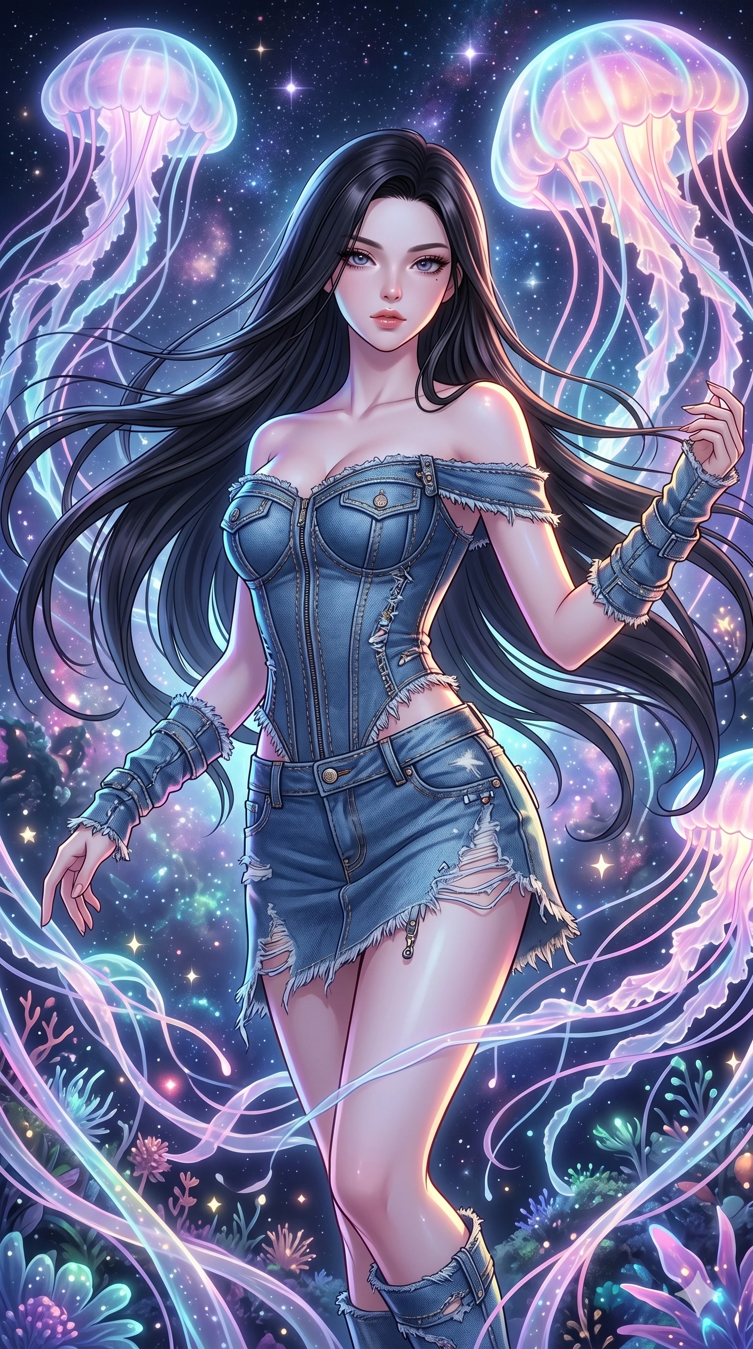score_9, masterpiece, best quality, ultra-detailed, high-budget anime keyframe, Caucasian woman, strictly human ears. upper body close-up from the thighs up, character filling the screen for maximum presence. swirling gracefully among the glowing ribbon-like tentacles of giant bioluminescent jellyfish floating in a starry sky garden. She has an absolutely perfect 8-heads proportion, an exceptionally tall and slender female figure with impossibly long slender legs and an ultra-slim waist. V-shaped jawline, high-bridge nose, intricate jewel-like eyes with depth, thick eyelashes, glossy lips with a natural sheen.. wearing a deconstructed denim corset and an asymmetric ripped denim micro-skirt, showcasing a rugged yet chic off-shoulder style. enhanced by a luminous pastel spectrum glow, casting elegant rim lights on her shoulders and jawline. 2k, ultra detail, master piece, 9:16 ratio