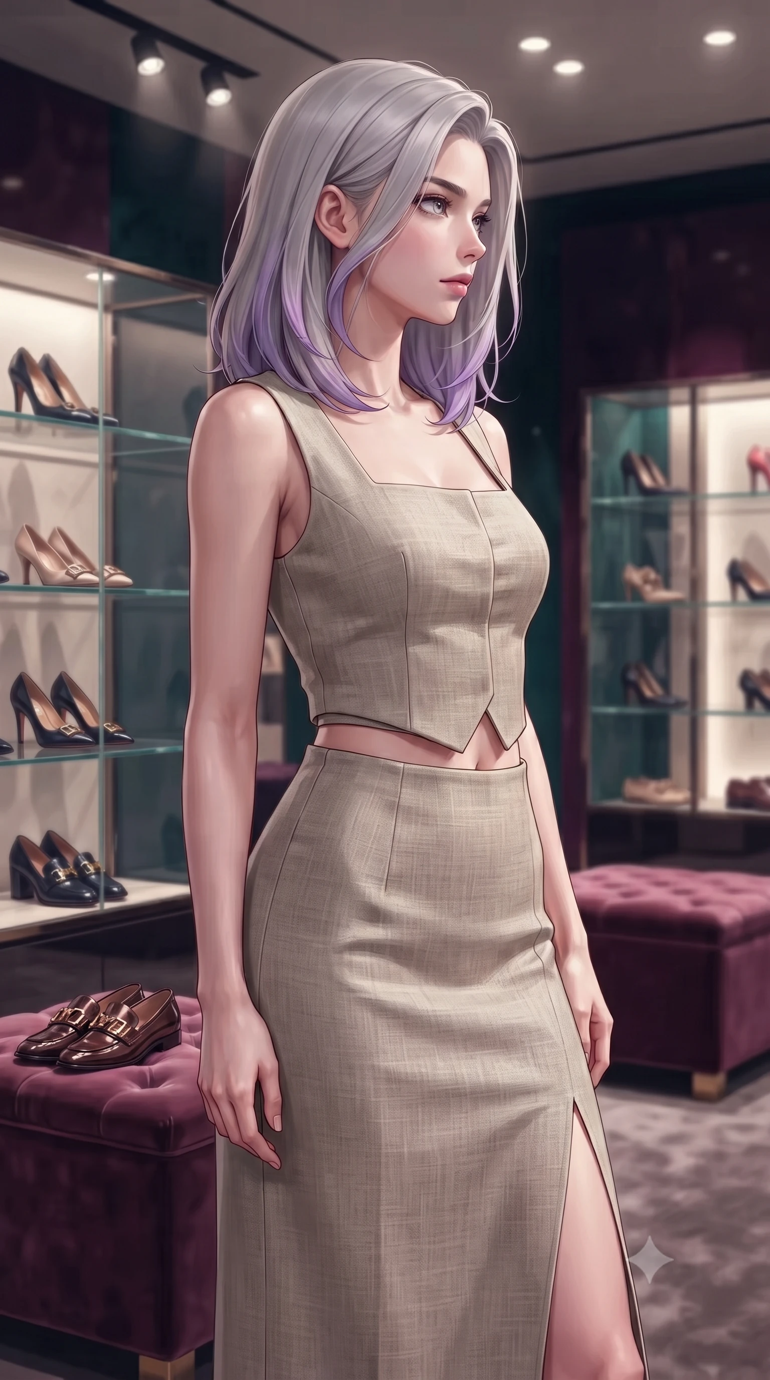 score_9, masterpiece, best quality, ultra-detailed, high-budget anime keyframe, editorial fashion photography, tasteful artistic composition, Caucasian woman. close-up cowboy shot from the waist and thighs up, the character dominates the composition, filling the frame with her large presence, background elements kept in soft focus. turning her face in sharp profile, casting a cold, mysterious, yet intensely alluring side gaze, the background shows a soft-focus a high-end designer shoe salon with glass display shelves and plush ottoman seats. She has an exceptionally elegant, slender, and willowy female figure with an ultra-slim waist, a gracefully sculpted slender torso, and a refined silhouette. sharp v-shaped jawline, high-bridge nose, intricate jewel-like eyes with depth, thick eyelashes, glossy lips with a natural sheen. wearing a form-contouring tailored vacation outfit of a linen crop vest and a matching side-slit midi skirt, revealing a subtle waist cutout. soft overhead spotlights emphasizing glossy leather and metal accents. highly saturated vibrant anime colors, detailed shading with soft gradients, rich glossy textures, high-contrast stereoscopic depth, volumetric dynamic lighting, master piece, 9:16 ratio