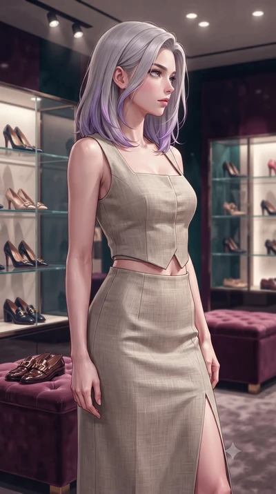 score_9, masterpiece, best quality, ultra-detailed, high-budget anime keyframe, editorial fashion photography, tasteful artistic composition, Caucasian woman. close-up cowboy shot from the waist and thighs up, the character dominates the composition,