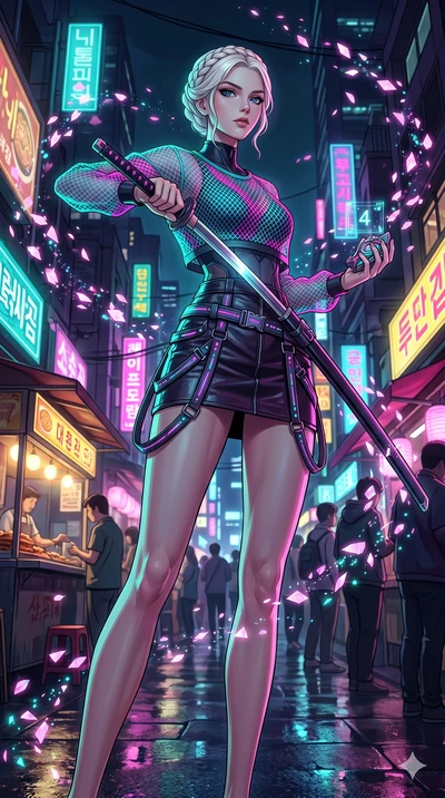 score_9, masterpiece, best quality, ultra-detailed, Set A: High-budget Anime Keyframe, Caucasian (strictly human ears) woman. Low angle cowboy shot filling the entire 9:16 frame with her statuesque presence. Drawing a blade through a neon-lit Neo-Seo