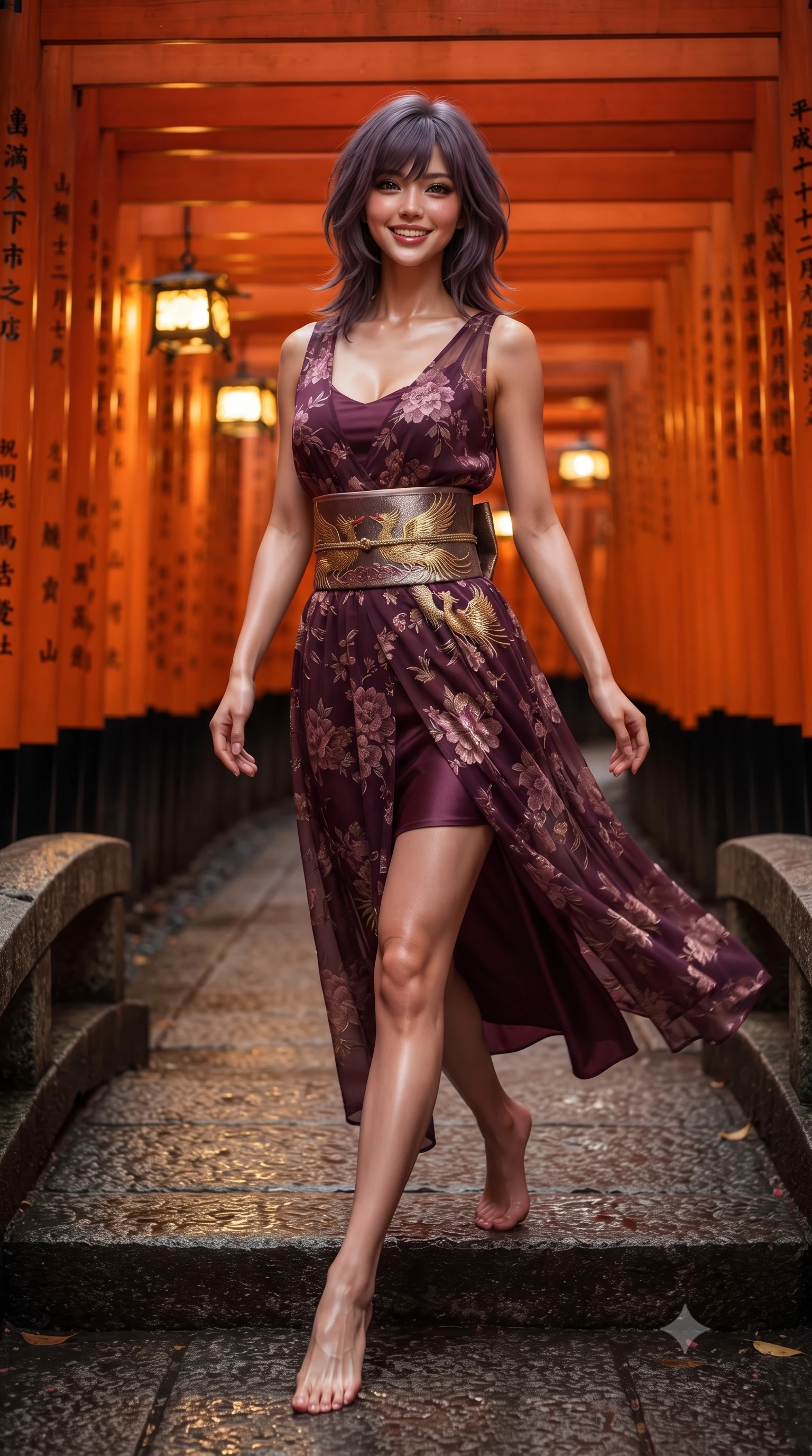 score_9, masterpiece, best quality, ultra-detailed, high-budget anime keyframe, editorial fashion photography, tasteful artistic composition, Japanese woman. low angle full-body shot from head to toe showing her feet, filling the entire 9:16 vertical frame with her statuesque presence, stretching her vertical silhouette. stepping forward gracefully across the stone bridge in mid-motion with a radiant beaming smile, hips swaying in an alluring kinetic rhythm that accentuates her curvy hourglass silhouette and long slender legs while striding through the endless curving tunnel of bright vermilion torii gates, arching her back with dynamic supermodel poise in mid-motion. The surrounding environment is rendered in vivid detail and crisp panoramic clarity: detailed modern kimono fabric drape, scarlet lantern specular highlights on skin, and shrine gate architecture in high clarity. She has an absolutely perfect, statuesque 8.5-heads proportion, an exceptionally tall and slender model-like female figure with impossibly long slender legs, an ultra-slim waist, a flat toned midriff, narrow delicate ribcage, and beautifully sculpted feminine hips creating a graceful, slim hourglass silhouette without any bulky heaviness. sharp v-shaped jawline, high-bridge nose, intricate jewel-like dark sparkling almond eyes with depth, thick lashes, glossy parted lips with a natural rose-plum sheen, bright alluring and coquettish smile with bedroom-eyes, exuding both timeless oriental elegance and sovereign high-fashion allure, flawlessly proportioned anatomical accuracy, strict slender model proportions, natural body alignment, perfectly sculpted long slender limbs, ultra-slim waistline, clean dynamic posture without body distortion. wearing a delicate semi-sheer floral chiffon kaftan slip dress layered over a matching silk slip, accentuating her slender waist and hips in rich plum violet and gilded bronze embroidery, made of supple second-skin stretch silk jersey clinging flawlessly to her form, finished with a wide metallic obi sash with intricate embroidered phoenix motifs, the high-waisted wrap tailoring accentuating her ultra-slim waistline and the enchanting curve of her feminine hips with alluring oriental charm. bathed in radiant vermilion and warm lantern illumination echoing endlessly down the wooden tunnel. ultra-reflective glossy finish, specular highlights, rich textural contrasts, high-contrast stereoscopic depth, volumetric dynamic lighting, 2k, ultra detail, master piece, 9:16 ratio