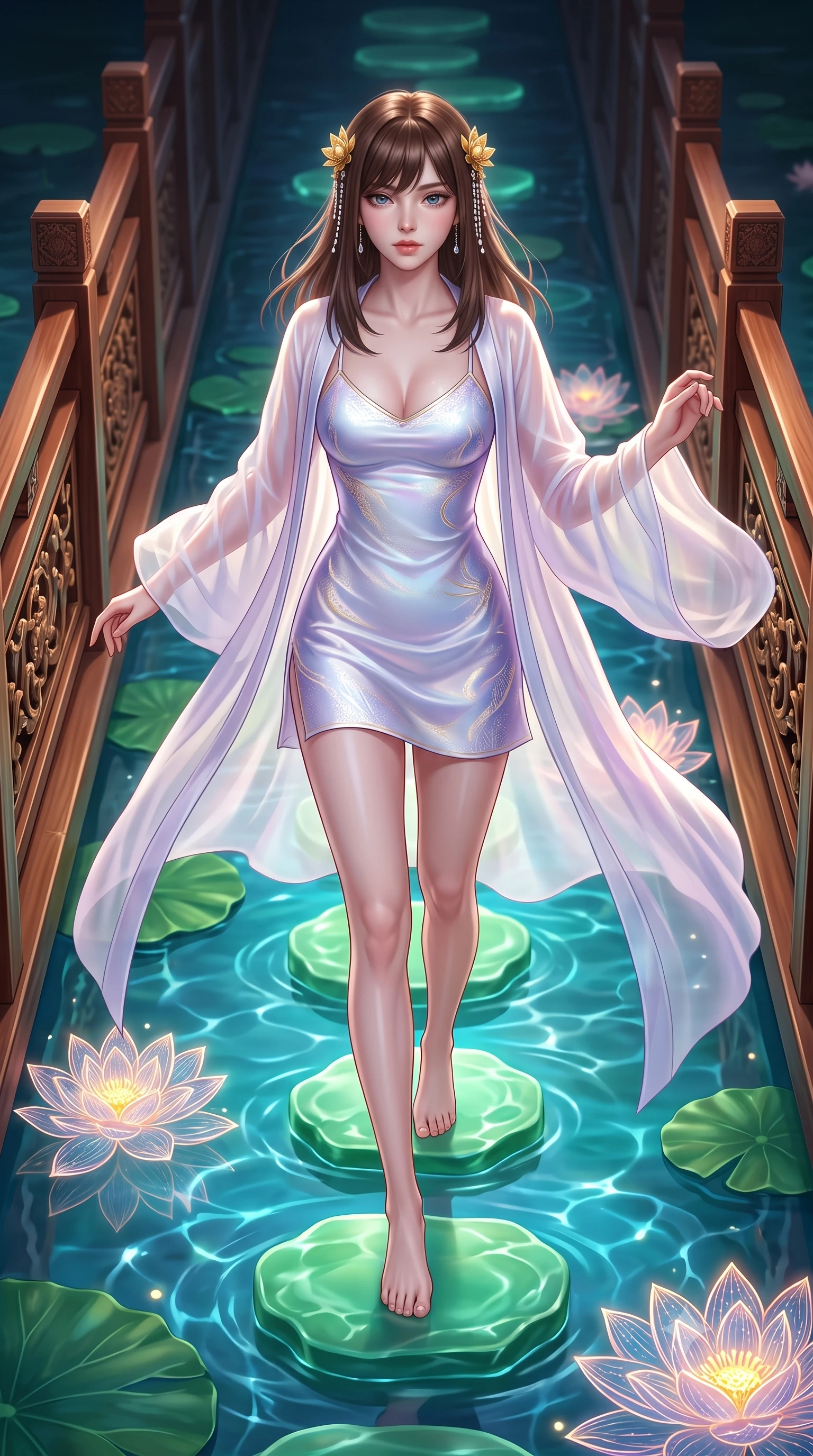 score_9, masterpiece, best quality, ultra-detailed, high-budget anime keyframe, semi-realistic 3D game render, editorial fashion photography, tasteful artistic composition, Korean woman. low angle full-body shot from head to toe showing her feet, filling the entire 9:16 vertical frame with her statuesque presence, stretching her vertical silhouette. executing an elegant mid-motion spin with effortless grace, her garments fluttering softly around her ultra-slim waistline while striding across floating jade stepping stones with ethereal, weightless grace and divine celestial poise. The surrounding environment is rendered in vivid detail and crisp panoramic clarity. sharp lacquered wooden bridge railings, glowing lotus blossom veins, and water ripple caustics in deep focus. She has an absolutely perfect, statuesque 8.5-heads proportion, an exceptionally tall and slender model-like female figure with impossibly long slender legs, a toned flat midriff, and an ultra-slim waist. sharp v-shaped jawline, high-bridge nose, intricate jewel-like eyes with depth, thick eyelashes, glossy lips with a natural sheen, captivating and magnetic expression, flawlessly proportioned anatomical accuracy, strict slender model proportions, natural body alignment, perfectly sculpted long slender limbs, ultra-slim waistline, clean dynamic posture without body distortion. wearing an ethereal moon-goddess gossamer robe worn over a form-contouring pearlescent silk slip in celestial opal white and stardust violet, woven from lightweight fluid silk brocade with woven gold thread, finished with delicate golden lotus hairpins and dangling crystal beads, the liquid-tight tailored fabric emphasizing every curve of her tall, slender model proportions and sculptured silhouette during dynamic movement. illuminated by gentle ambient water bounce light defining her flawless features and slender waist. highly saturated vibrant anime colors, detailed shading with soft gradients, rich glossy textures, high-contrast stereoscopic depth, volumetric dynamic lighting, master piece, 9:16 ratio