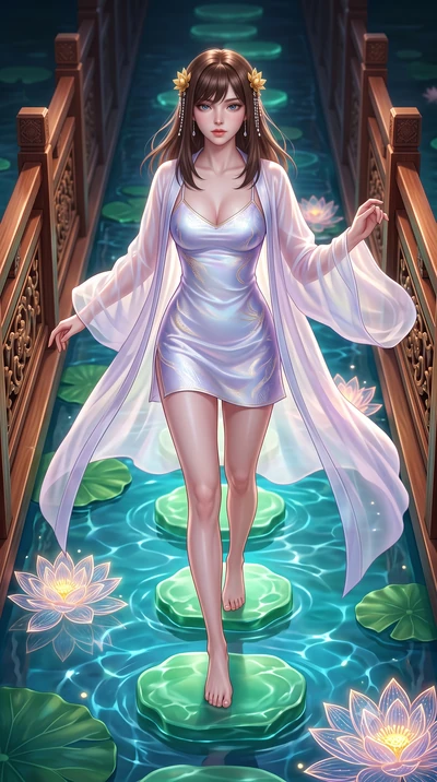 score_9, masterpiece, best quality, ultra-detailed, high-budget anime keyframe, semi-realistic 3D game render, editorial fashion photography, tasteful artistic composition, Korean woman. low angle full-body shot from head to toe showing her feet, fil