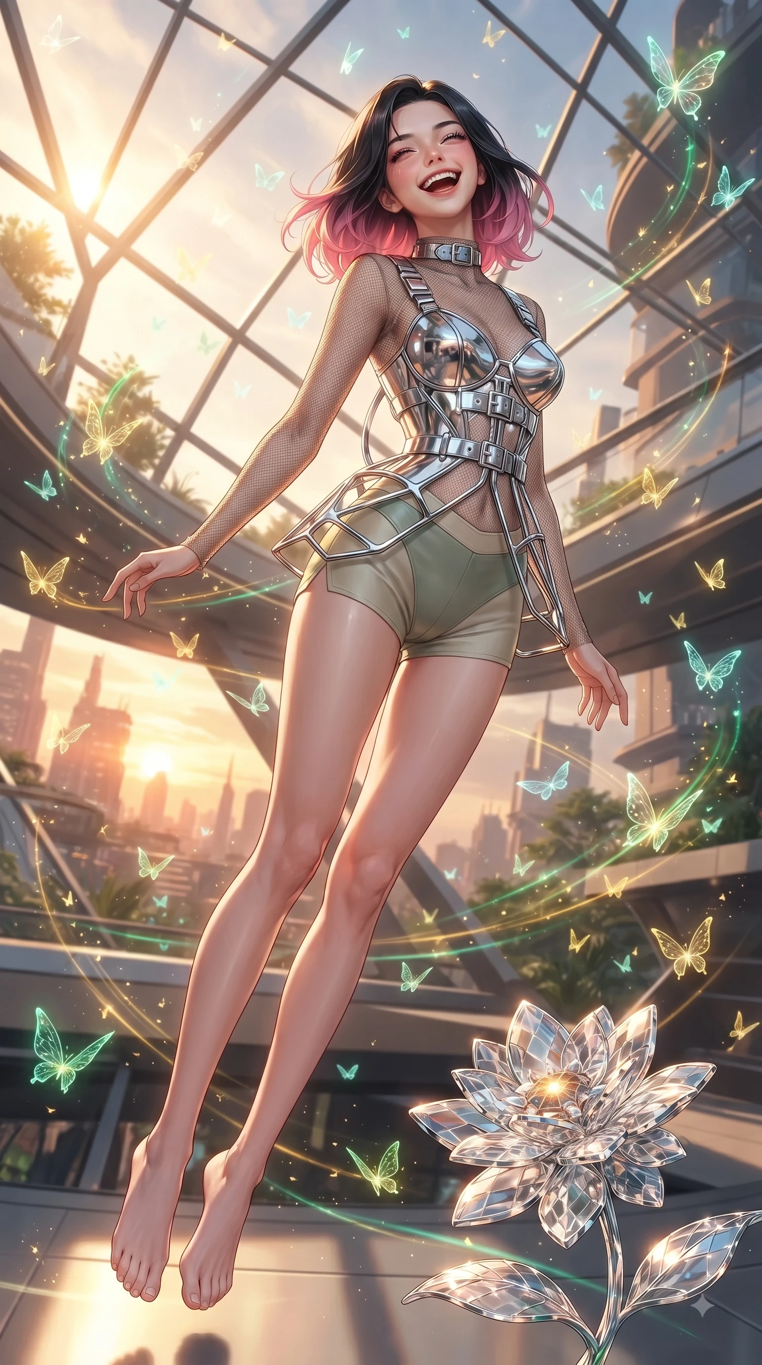 score_9, masterpiece, best quality, ultra-detailed, high-budget anime keyframe, editorial fashion photography, tasteful artistic composition, Korean woman. low angle full-body shot from head to toe showing her feet, filling the entire 9:16 vertical frame with her statuesque presence, stretching her vertical silhouette. pivoting dynamically in zero-gravity with a delighted laughing expression, displaying her perfect model proportions while resting cheerfully near a solar-powered crystal flower as warm sunlight streams through glass, hundreds of bioluminescent glass butterflies fluttering around her in cheerful light trails. She has an absolutely perfect, statuesque 8.5-heads proportion, an exceptionally tall and slender model-like female figure with impossibly long slender legs and an ultra-slim waist. sharp v-shaped jawline, high-bridge nose, intricate jewel-like eyes with depth, thick eyelashes, glossy lips with a natural sheen, flawlessly proportioned anatomical accuracy, natural body alignment, perfectly sculpted elegant limbs, clean dynamic posture without body distortion. wearing a chrome-plated structured bodice worn over a sheer mesh top and micro-shorts in sage green and oatmeal, crafted from smooth liquid silk, detailed with polished silver buckles along the waistline, the tailored fabric tightly following every curve of her athletic build. bathed in warm golden sunlight and bright emerald bioluminescent glow. ultra-reflective glossy finish, specular highlights, metallic sheen, high-contrast stereoscopic depth, volumetric dynamic lighting, 2k, ultra detail, master piece, 9:16 ratio