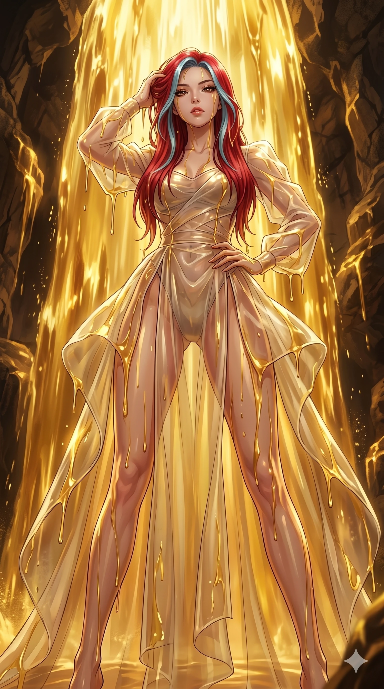 score_9, masterpiece, best quality, ultra-detailed, High-budget Anime Keyframe, East Asian woman. Low angle cowboy shot filling the entire 9:16 frame with her statuesque presence. Scenario 89: Standing under a waterfall of liquid gold, the fluid coating her form. Her presence is magnetic and overpowering in this high-budget anime scene. Outfit 89: A sheer organza sheer with a high-cut leg line and translucent layers. The clothing is designed to emphasize her exceptionally tall and slender 8-heads proportion. 8-heads proportion, towering silhouette, ultra-slim waist. sharp v-shaped jawline, intricate jewel-like eyes with depth, thick eyelashes, glossy lips. 2k, ultra detail, master piece, 9:16 ratio