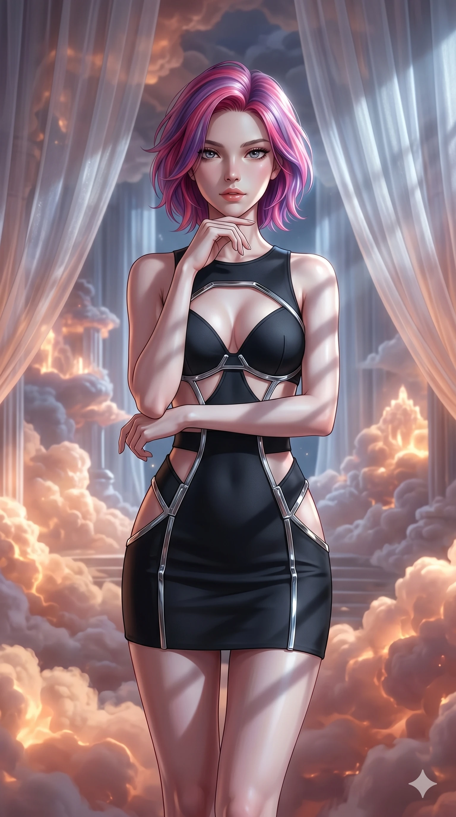 score_9, masterpiece, best quality, ultra-detailed, high-budget anime keyframe, editorial fashion photography, tasteful artistic composition, Caucasian woman, strictly human ears. cowboy shot from the thighs up, character and outfit filling the frame for maximum editorial presence. Resting her chin on the backs of her fingers in a confident pose inside a luminous cloud palace where cumulus formations glow with amber and rose from within. She has an absolutely perfect 8-heads proportion, an exceptionally tall and slender female figure with impossibly long slender legs and an ultra-slim waist. V-shaped jawline, high-bridge nose, intricate jewel-like eyes with depth, thick eyelashes, glossy lips with a natural sheen. wearing a structured matte black mini dress with bold geometric cutouts revealing glimpses of the waist and side torso, framed by chrome architectural hardware against a precision-fitted base. bathed in cold silver moonlight filtered through translucent gossamer curtains casting soft shadows on her curves. 2k, ultra detail, master piece, 9:16 ratio