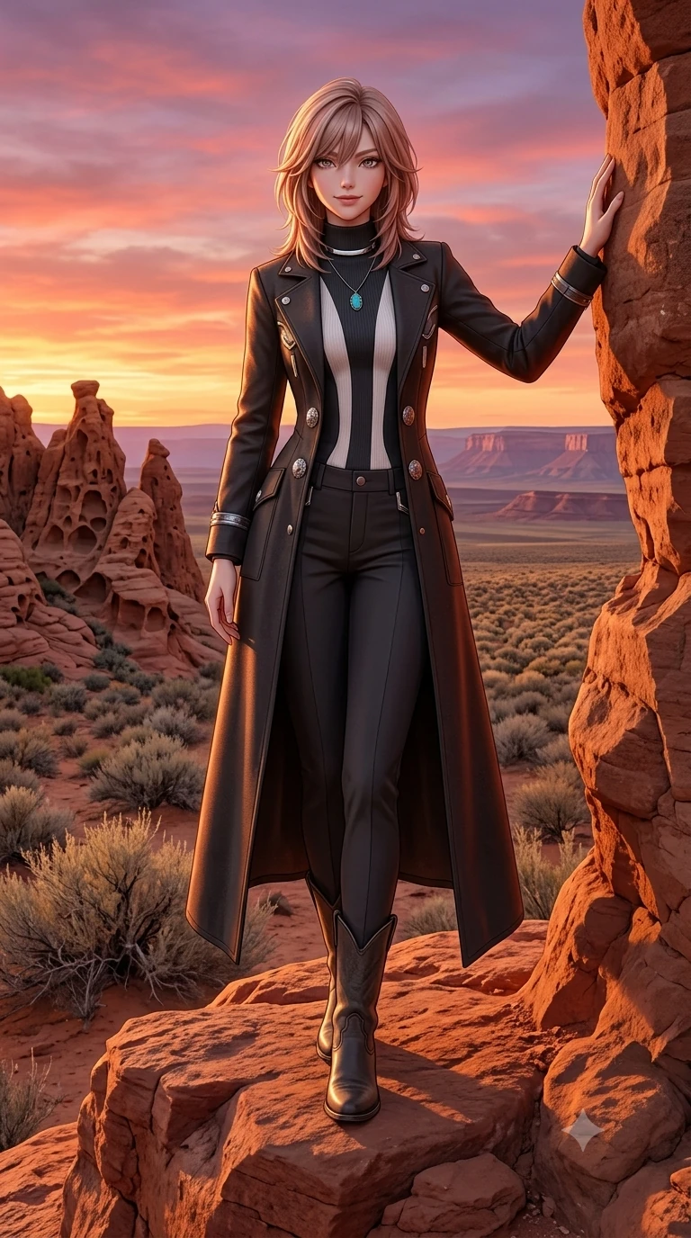 score_9, masterpiece, best quality, ultra-detailed, high-budget anime keyframe, semi-realistic 3D game render, editorial fashion photography, tasteful artistic composition, Japanese woman. low angle full-body shot from head to toe showing her feet, filling the entire 9:16 vertical frame with her statuesque presence, stretching her vertical silhouette. standing tall beside the architectural column, one hand resting high while arching her lower back to emphasize her sculpted feminine hips and slender waist while standing tall on the highest rock promontory, stretching her statuesque body as she arches her lower back to emphasize her sculpted feminine hips against the fiery sunset. The surrounding environment is rendered in vivid detail and crisp panoramic clarity: sharp wind-eroded sandstone honeycomb formations, distant plateau horizon silhouettes, and dry sagebrush shrubs in deep focus. She has an absolutely perfect, statuesque 8.5-heads proportion, an exceptionally tall and slender model-like female figure with impossibly long slender legs, an ultra-slim waist, a flat toned midriff, narrow delicate ribcage, and beautifully sculpted feminine hips creating a graceful, slim hourglass silhouette without any bulky heaviness. sharp v-shaped jawline, high-bridge nose, sparkling eyes with hypnotic seductive depth, thick curled eyelashes, glossy parted lips with a natural dewy peach sheen, alluring bedroom-eyes with an enchanting coquettish smile, exuding magnetic siren charisma and sophisticated glamour, flawlessly proportioned anatomical accuracy, strict slender model proportions, natural body alignment, perfectly sculpted long slender limbs, ultra-slim waistline, clean dynamic posture without body distortion. wearing a tailored Western duster coat with silver concho buttons and structured lapels layered over a modest high-neck knit in high-contrast coastal monochrome with gold hardware, tailored from second-skin technical compression neoprene with athletic curve-sculpting stretch, finished with a minimalist chrome choker and a single turquoise stone pendant, the impeccably tailored cut draping gracefully along her slender figure with aristocratic western poise. illuminated by sandstone cliff bounce and sharp vermilion-amber rim lights defining her razor-sharp jawline, narrow waist, and curvy hips. highly saturated vibrant anime colors, detailed shading with soft gradients, rich glossy textures, high-contrast stereoscopic depth, volumetric dynamic lighting, master piece, 9:16 ratio