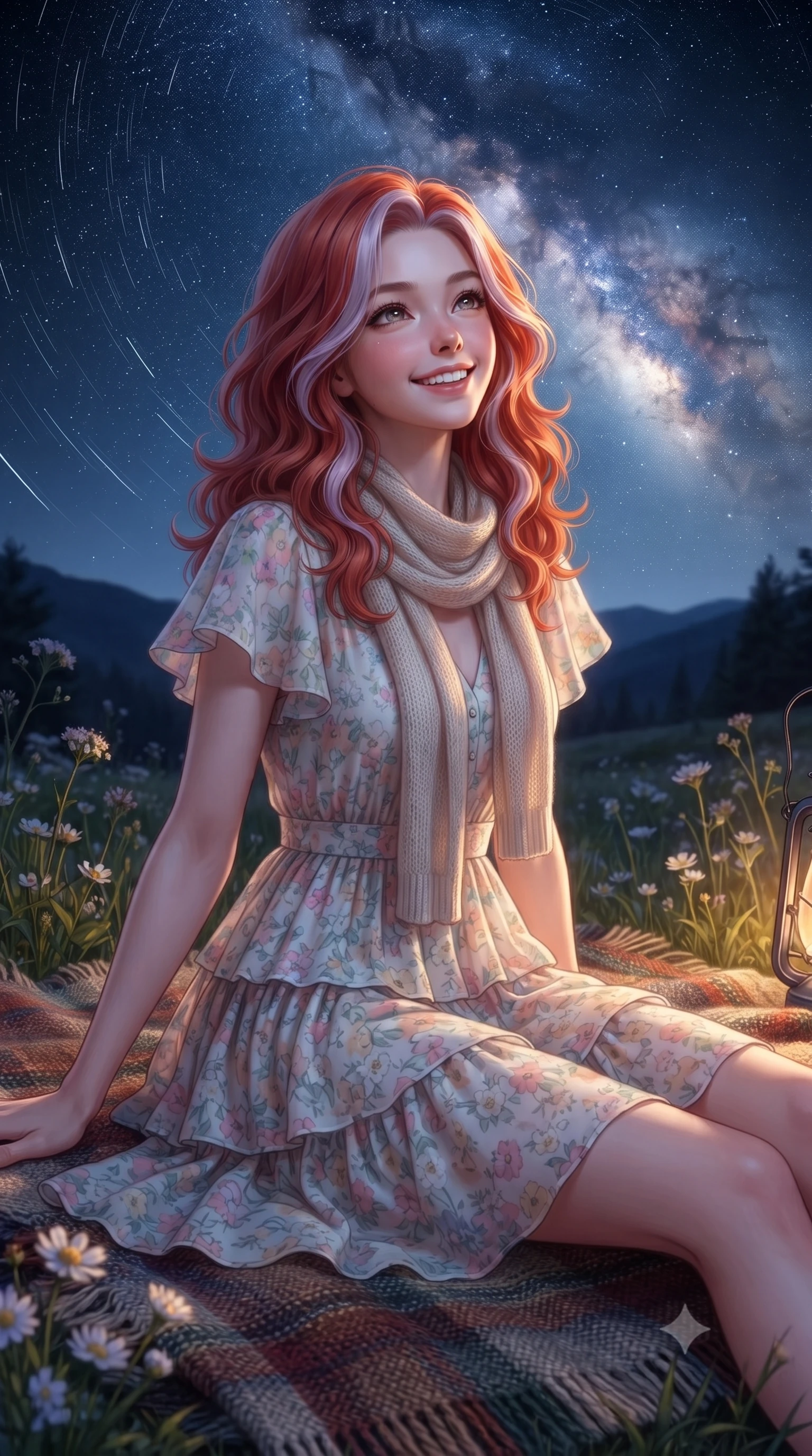 score_9, masterpiece, best quality, ultra-detailed, high-budget anime keyframe, editorial fashion photography, tasteful artistic composition, Caucasian woman. close-up cowboy shot from the waist and thighs up, the character dominates the composition, filling the frame with her large presence. radiating a joyful bright smile with sparkling jewel-like eyes and pure charming energy, leaning forward with playful grace while sitting comfortably on a soft wool blanket in a high alpine meadow, gazing up at the brilliant Milky Way with sparkling eyes. The surrounding environment is rendered in vivid detail and crisp panoramic clarity. sharp star trails, textured wool blanket weave, and delicate wild nighttime flowers in deep focus. She has an exceptionally elegant, slender, and willowy female figure with an ultra-slim waist, a gracefully sculpted slender torso, toned flat midriff, and a refined slim silhouette. sharp v-shaped jawline, high-bridge nose, intricate jewel-like eyes with depth, thick eyelashes, glossy lips with a natural sheen, pure and lovely fresh girlhood expression, flawlessly proportioned anatomical accuracy, strict slender model proportions, natural body alignment, perfectly sculpted long slender limbs, ultra-slim waistline, clean dynamic posture without body distortion. wearing a breezy tiered chiffon sundress with delicate floral print and short flutter sleeves in fresh alpine white with subtle pastel floral accents, knitted from ultra-soft cozy baby-cashmere yarn, finished with a lightweight knitted scarf draped loosely around her neck, the relaxed yet flattering fit accentuating her naturally graceful and slender figure, highlighting her youthful charm and lovely silhouette. illuminated by soft celestial starlight and lantern rim light defining her slender, elegant silhouette. ultra-reflective glossy finish, specular highlights, rich natural textures, high-contrast stereoscopic depth, volumetric dynamic lighting, 2k, ultra detail, master piece, 9:16 ratio