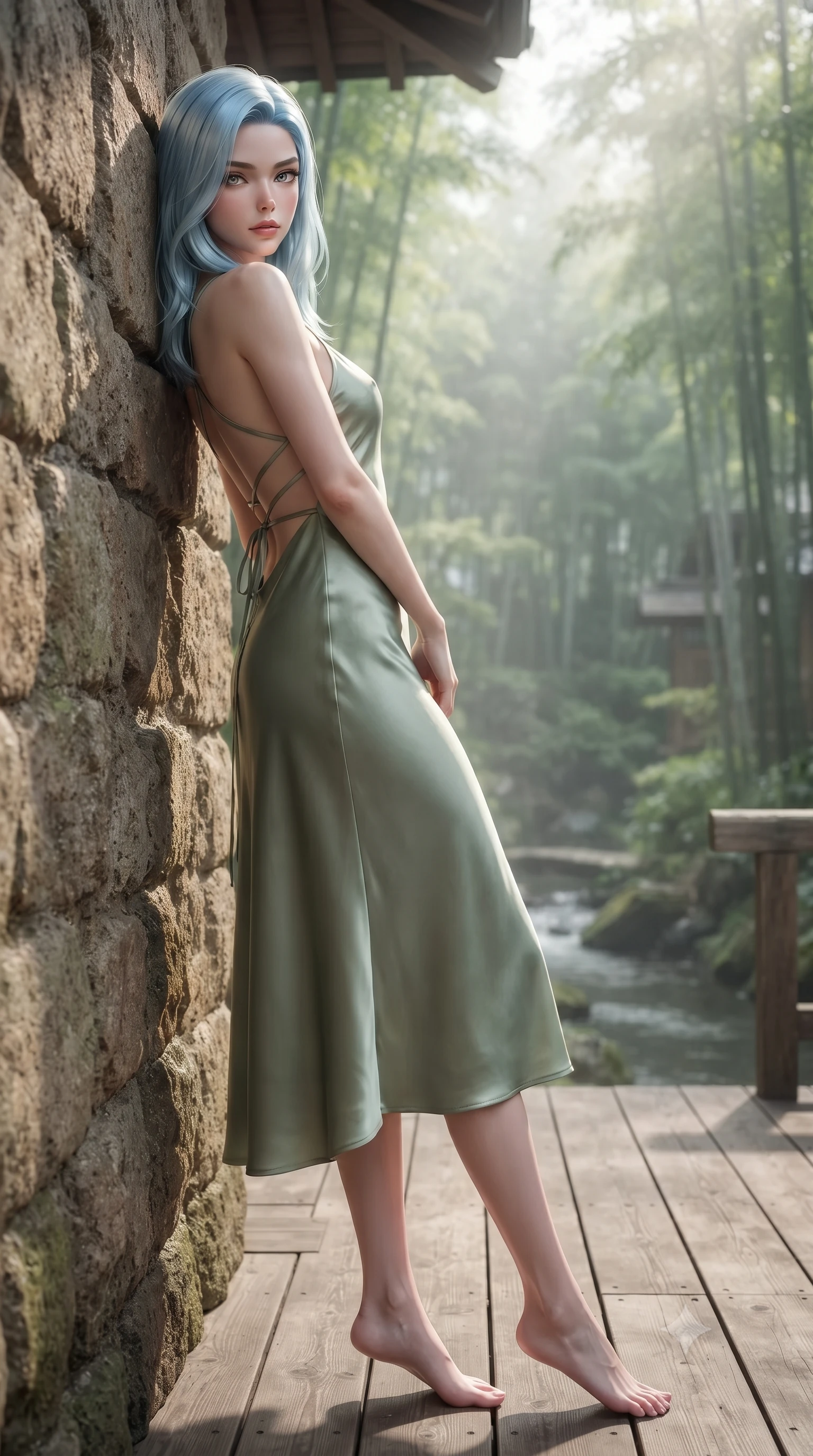 score_9, masterpiece, best quality, ultra-detailed, high-budget anime keyframe, editorial fashion photography, tasteful artistic composition, Korean woman woman. low angle full-body shot from head to toe showing her feet, filling the entire 9:16 vertical frame with her statuesque presence, stretching her vertical silhouette. leaning back against a rustic stone wall, casting a slow, alluring gaze at the camera the background shows a soft-focus a wooden deck of a traditional Japanese inn overlooking a quiet stream and bamboo grove. She has an absolutely perfect, statuesque 8.5-heads proportion, an exceptionally tall and slender model-like female figure with impossibly long slender legs and an ultra-slim waist. sharp v-shaped jawline, high-bridge nose, intricate jewel-like eyes with depth, thick eyelashes, glossy lips with a natural sheen. wearing a tailored lightweight silk sundress in sage green with a dramatic open-back and thin criss-cross straps. soft morning mist diffusing the sunlight, creating a tranquil atmosphere. ultra-reflective glossy finish, specular highlights, metallic sheen, high-contrast stereoscopic depth, volumetric dynamic lighting, 2k, ultra detail, master piece, 9:16 ratio