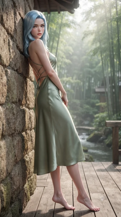 score_9, masterpiece, best quality, ultra-detailed, high-budget anime keyframe, editorial fashion photography, tasteful artistic composition, Korean woman woman. low angle full-body shot from head to toe showing her feet, filling the entire 9:16 vert