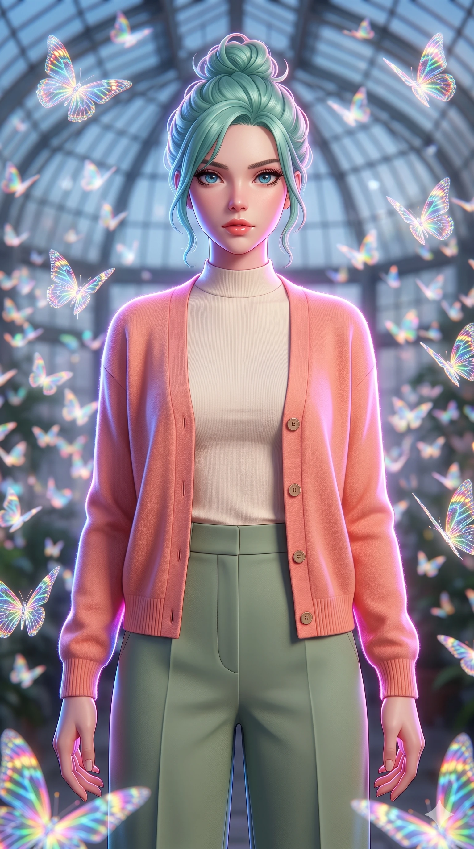 score_9, masterpiece, best quality, ultra-detailed, high-budget anime keyframe, editorial fashion photography, tasteful artistic composition, Japanese woman. close-up cowboy shot from the waist and thighs up, the character dominates the composition, filling the frame with her large presence, background elements kept in soft focus. Looking directly at the camera with a bold fearless expression and parted lips. set against a soft-focus background of a soaring glass conservatory filled with thousands of holographic butterflies made of pure structured light their wings projecting miniature rainbow patterns as they flutter in organized swarms. She has an exceptionally elegant and slender, willowy female figure with an ultra-slim waist, a gracefully sculpted slender torso, and a refined slim physique. sharp v-shaped jawline, high-bridge nose, intricate jewel-like eyes with depth, thick eyelashes, glossy lips with a natural sheen. wearing a cozy pastel coral cashmere cardigan layered over a fitted ivory mock-neck top and sage green tailored culottes. brilliant cinematic volumetric lighting with intense neon rim light outlining her form. 2k, ultra detail, master piece, 9:16 ratio