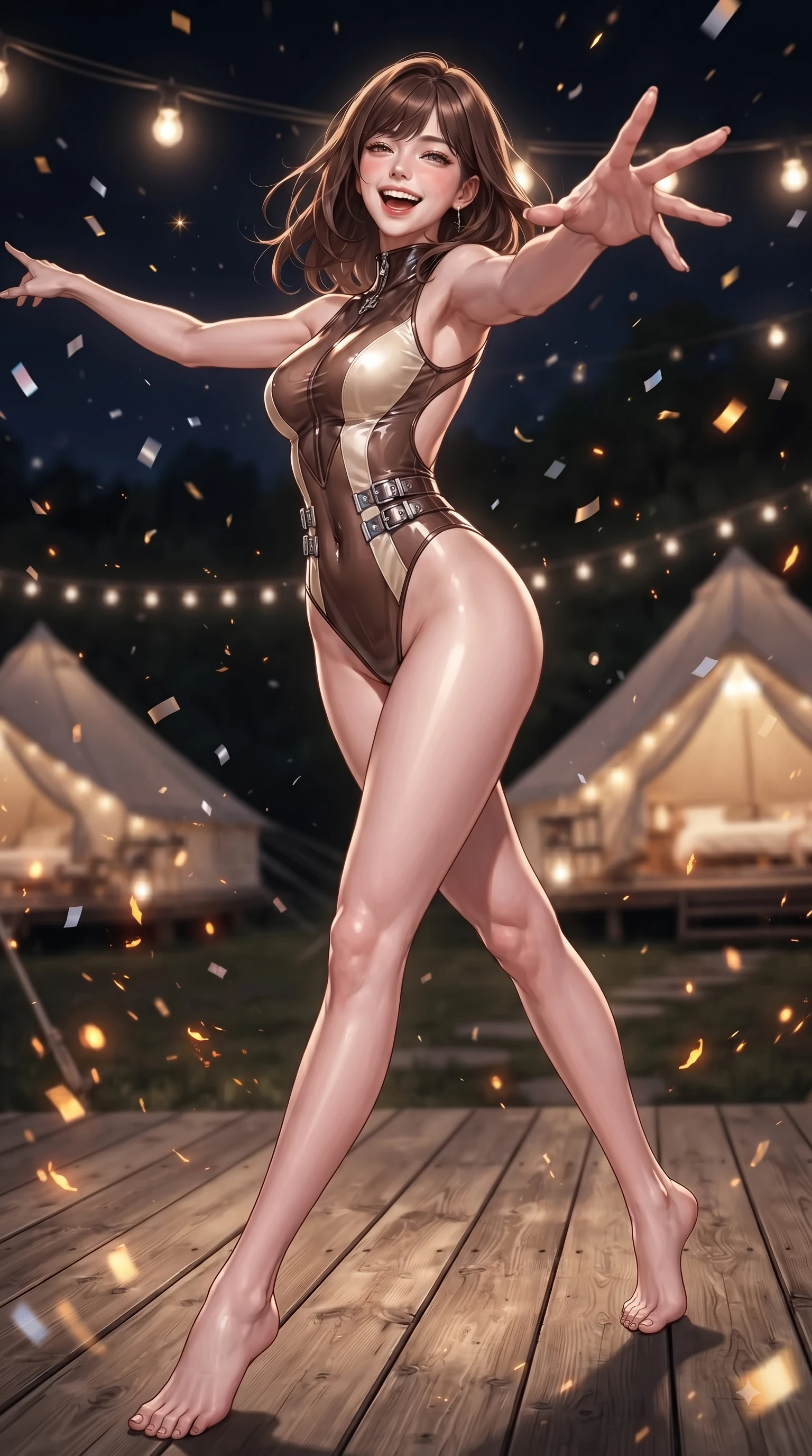score_9, masterpiece, best quality, ultra-detailed, high-budget anime keyframe, editorial fashion photography, tasteful artistic composition, Korean woman. low angle full-body shot from head to toe showing her feet, filling the entire 9:16 vertical frame with her statuesque presence, stretching her vertical silhouette. pivoting dynamically in zero-gravity with a delighted laughing expression, displaying her perfect model proportions while reaching her hand toward the camera while dancing on a wooden glamping terrace, sparkling confetti and golden embers drifting around her dynamic silhouette. She has an absolutely perfect, statuesque 8.5-heads proportion, an exceptionally tall and slender model-like female figure with impossibly long slender legs and an ultra-slim waist. sharp v-shaped jawline, high-bridge nose, intricate jewel-like eyes with depth, thick eyelashes, glossy lips with a natural sheen, flawlessly proportioned anatomical accuracy, natural body alignment, perfectly sculpted elegant limbs, clean dynamic posture without body distortion. wearing a high-cut translucent vinyl leotard with front paneling and open back in espresso brown and warm cream, crafted from lustrous satin jersey with fluid draping, detailed with polished silver buckles along the waistline, the form-contouring material highlighting her ultra-slim waist and long lines. surrounded by an electric, joyful party atmosphere with high specular shine. ultra-reflective glossy finish, specular highlights, metallic sheen, high-contrast stereoscopic depth, volumetric dynamic lighting, 2k, ultra detail, master piece, 9:16 ratio