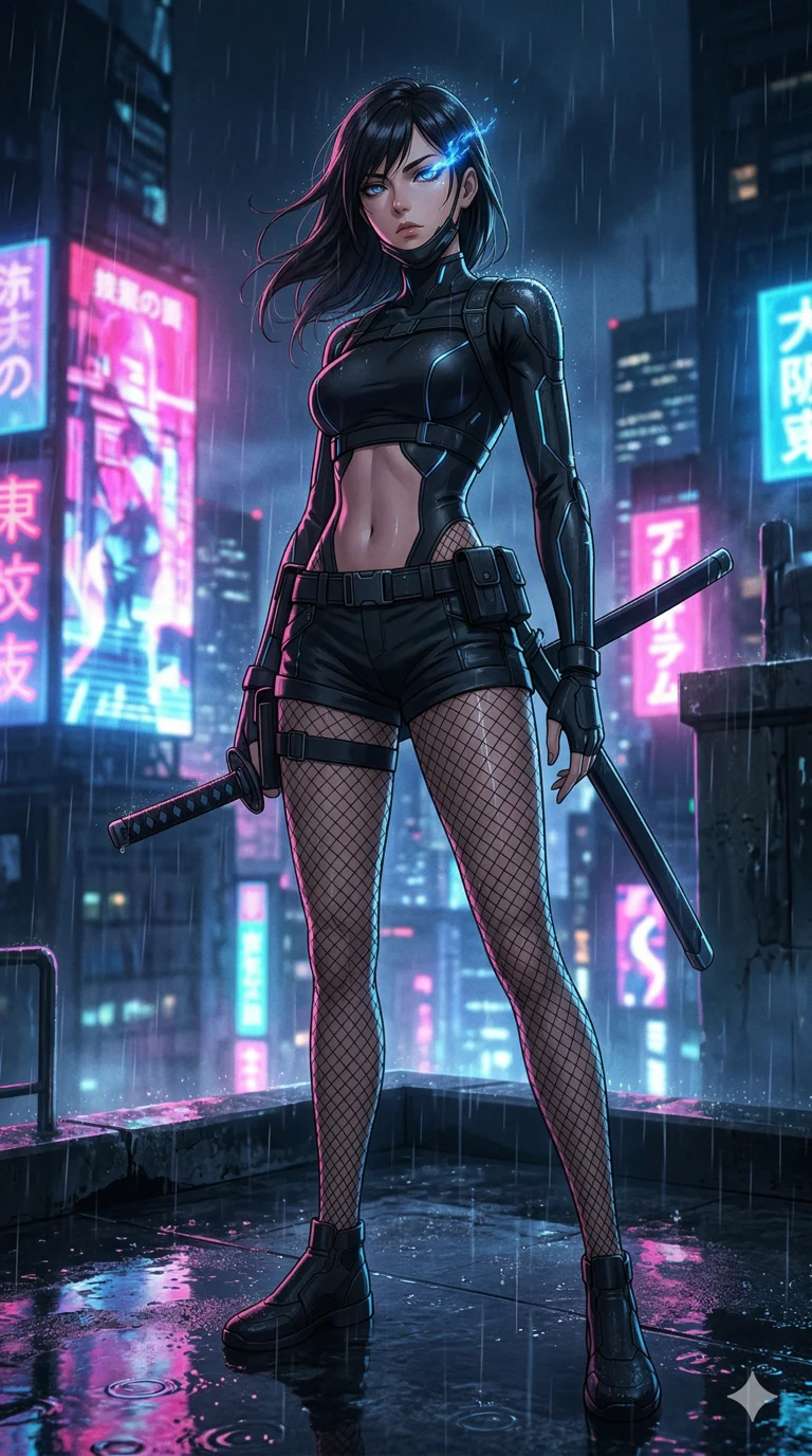 score_9, masterpiece, best quality, ultra-detailed, semi-realistic high-budget anime keyframe, an incredibly beautiful Japanese woman. Low angle cowboy shot filling the entire 9:16 frame with her statuesque presence. She is a rogue cybernetic ninja standing on a rainy skyscraper rooftop, her eyes glowing with a cold blue fire. She has an absolutely perfect 8-heads proportion, an exceptionally tall and slender female figure with impossibly long slender legs and an ultra-slim waist. Her face is a highly detailed masterpiece featuring a sharp v-shaped jawline, high-bridge nose, intricate jewel-like eyes, and glossy lips. She is wearing a skin-tight matte black tech-suit with exposed midriff and sensual fishnet stockings, highlighting her alluring silhouette. Glowing neon billboards in the background, dramatic rim lighting, cinematic shadows, 2k, ultra detail, master piece, 9:16 ratio