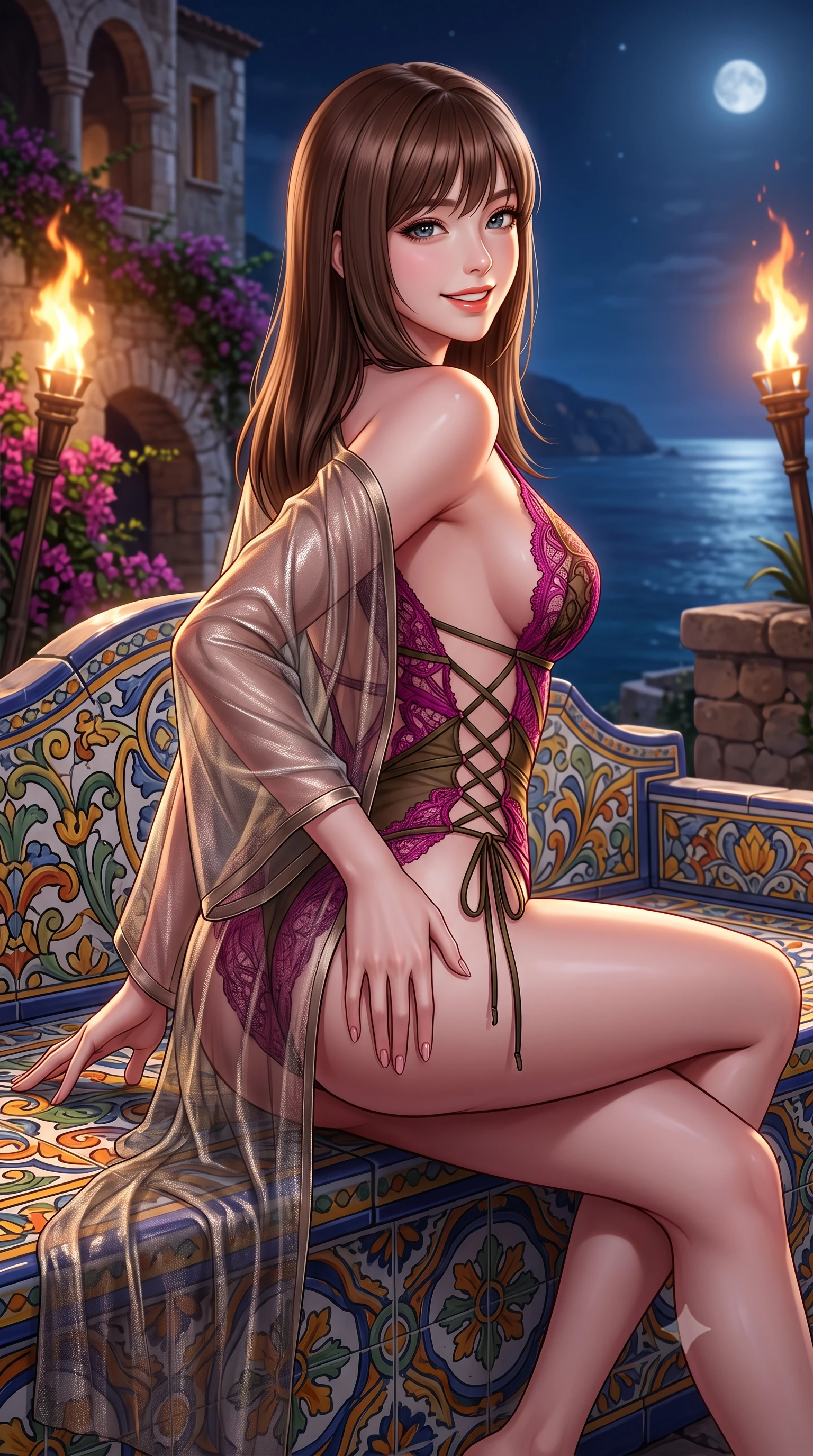 score_9, masterpiece, best quality, ultra-detailed, high-budget anime keyframe, semi-realistic 3D game render, editorial fashion photography, tasteful artistic composition, Korean woman. close-up cowboy shot from the waist and thighs up, the character dominates the composition, filling the frame with her large presence. posing in an alluring rear three-quarter angle, looking over a bare shoulder with parted glossy lips, her hips cocked back to highlight her slim hourglass curve while sitting perched on the colorful ceramic bench with legs crossed, running one manicured hand slowly down her hip with magnetic charm. The surrounding environment is rendered in vivid detail and crisp panoramic clarity: detailed sheer metallic-threaded gossamer caftan drape, micro satin bralette cling, and historic Amalfi stonecraft in high resolution. She has an exceptionally elegant, slender, and willowy female figure with an ultra-slim waist, flat toned midriff, narrow ribcage, and sculpted feminine hips creating an alluring, slim hourglass silhouette without bulk. sharp v-shaped jawline, high-bridge nose, intricate jewel-like sparkling eyes with depth, thick eyelashes, glossy parted lips with a natural peach sheen, bright cheerful beaming smile with an enchanting and coquettish sensual glint, exuding both youthful cute charm and seductive allure, flawlessly proportioned anatomical accuracy, strict slender model proportions, natural body alignment, perfectly sculpted long slender limbs, ultra-slim waistline, clean dynamic posture without body distortion. wearing an ultra-daring sheer macramé lace bodysuit with deep plunge neckline and criss-cross strappy torso details in Ravello bougainvillea magenta and deep olive bronze, made of sheer gossamer chiffon that drapes softly against skin with airy translucence, featuring fine criss-cross lace-up side ties revealing tantalizing glimpses of her hip curve, the glove-like clinging cut tightly following the natural contour of her hips and long slender legs with youthful 8.5-heads elegance. bathed in the dramatic warm 2100K flame glow of dancing oil torches mixed with cool Mediterranean sea moonlight. highly saturated vibrant anime colors, detailed shading with soft gradients, rich glossy textures, high-contrast stereoscopic depth, volumetric dynamic lighting, master piece, 9:16 ratio