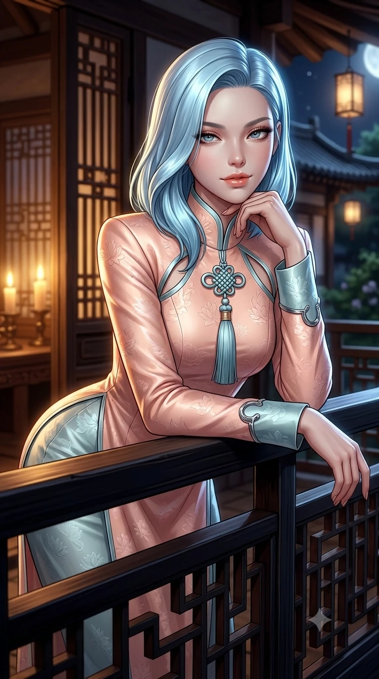 score_9, masterpiece, best quality, ultra-detailed, high-budget anime keyframe, semi-realistic 3D game render, editorial fashion photography, tasteful artistic composition, Korean woman. close-up cowboy shot from the waist and thighs up, the character dominates the composition, filling the frame with her large presence. resting one elbow on the lacquered balustrade and supporting her chin, leaning close to the camera with heavy-lidded sparkling eyes and parted lips while leaning deep against the balcony balustrade with hips cocked back in an unapologetically alluring stance, casting an intoxicating glance. The surrounding environment is rendered in vivid detail and crisp panoramic clarity: detailed boned hanbok bustier tailoring, norigae tassel fringe, and traditional wooden lattice craft in razor-sharp clarity. She has an exceptionally elegant, slender, and willowy female figure with an ultra-slim waist, flat toned midriff, narrow ribcage, and sculpted feminine hips creating an alluring, slim hourglass silhouette without bulk. sharp v-shaped jawline, high-bridge nose, sparkling eyes with hypnotic seductive depth, thick curled eyelashes, glossy parted lips with a natural dewy peach sheen, alluring bedroom-eyes with an enchanting coquettish smile, exuding magnetic siren charisma and sophisticated glamour, flawlessly proportioned anatomical accuracy, strict slender model proportions, natural body alignment, perfectly sculpted long slender limbs, ultra-slim waistline, clean dynamic posture without body distortion. wearing a bespoke high-neck modernized hanbok coat dress with an architectural collar and silk norigae knot tie in pastel peach blossom and celadon porcelain blue, tailored from rich silk jacquard with subtle embossed lotus blossom patterns, accented with sculptural chrome hardware rings framing the subtle cutouts, the bespoke structured tailoring following the natural line of her 8.5-heads silhouette with refined elegance. bathed in warm golden candlelight glowing from within the interior room mixed with cool moonlight fill. highly saturated vibrant anime colors, detailed shading with soft gradients, rich glossy textures, high-contrast stereoscopic depth, volumetric dynamic lighting, master piece, 9:16 ratio