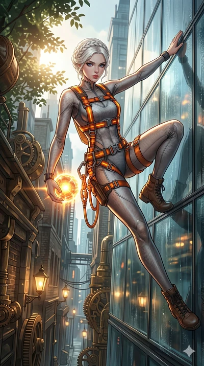 score_9, masterpiece, best quality, ultra-detailed, Set A: High-budget Anime Keyframe, Japanese woman. Low angle cowboy shot filling the entire 9:16 frame with her statuesque presence. Theme: Primal Nature. sliding down a glass skyscraper in a steamp