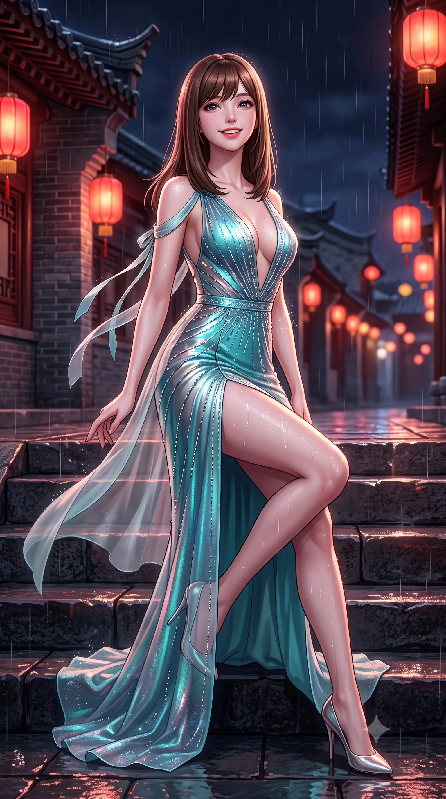 score_9, masterpiece, best quality, ultra-detailed, high-budget anime keyframe, semi-realistic 3D game render, editorial fashion photography, tasteful artistic composition, Korean woman. low angle full-body shot from head to toe showing her feet, filling the entire 9:16 vertical frame with her statuesque presence, stretching her vertical silhouette. sitting poised on the stone steps with one knee bent, arching her spine with supermodel elegance as she glances upward through thick eyelashes while twisting her slender torso in an alluring S-curve, glistening rain droplets and lantern light tracing her dewy skin and narrow waist. The background shows a soft-focus red silk lanterns casting crimson glows on historic grey and red brickwork, wet cobblestone reflections, and dark tiled eaves blurred into vermilion, amber, and charcoal bokeh. She has an exceptionally tall and slender model-like 8.5-heads proportion, an ultra-slim waist, a flat toned midriff, narrow delicate ribcage, and beautifully sculpted feminine hips creating a graceful, slim hourglass silhouette without any bulky heaviness, with impossibly long slender legs. sharp v-shaped jawline, high-bridge nose, intricate jewel-like sparkling eyes with depth, thick eyelashes, glossy parted lips with a natural peach sheen, bright cheerful beaming smile with an enchanting and coquettish sensual glint, exuding both youthful cute charm and seductive allure, flawlessly proportioned anatomical accuracy, strict slender model proportions, natural body alignment, perfectly sculpted long slender limbs, ultra-slim waistline, clean dynamic posture without body distortion. wearing a plunge-front sheer mesh cocktail gown with delicate crystal beading and an ultra-daring hip-high leg slit in Neo-Carthage holographic cyan and solar chrome, made of sheer gossamer chiffon that drapes softly against skin with airy translucence, finished with satin ribbon ties at the shoulders fluttering in the gentle breeze, the precision-cut side openings and low-back scoop framing her graceful spine and the sensual sweep of her slim, toned hips. illuminated by wet ground specular highlights and sharp rose-gold rim lights sculpting her jawline, flat midriff, and curvy hips. highly saturated vibrant anime colors, detailed shading with soft gradients, rich glossy textures, high-contrast stereoscopic depth, volumetric dynamic lighting, master piece, 9:16 ratio