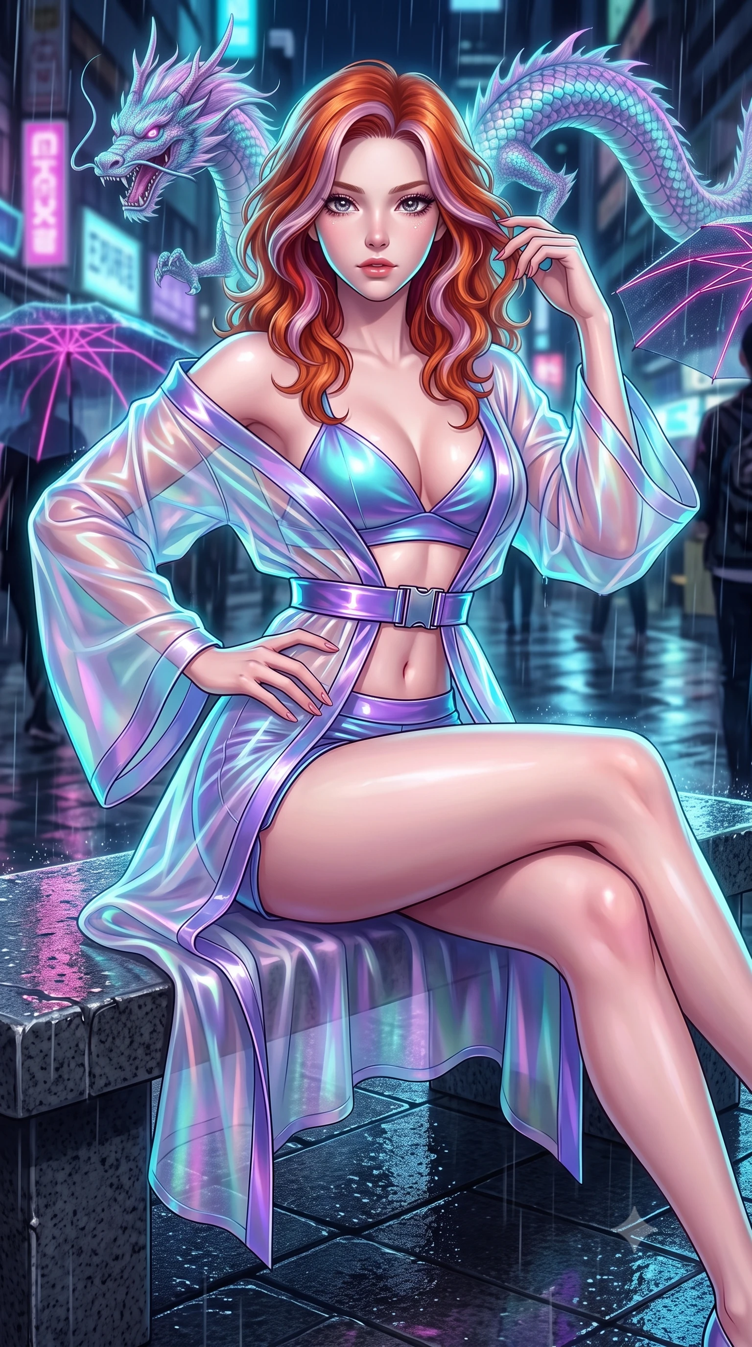 score_9, masterpiece, best quality, ultra-detailed, high-budget anime keyframe, semi-realistic 3D game render, editorial fashion photography, tasteful artistic composition, Caucasian woman. close-up cowboy shot from the waist and thighs up, the character dominates the composition, filling the frame with her large presence. twisting her slender torso in an alluring contrapposto stance, one hand resting on her sculpted hip while her fingers toy with her hair with effortless poise while lounging gracefully on the heated stone bench with legs extended, displaying her long slender legs and statuesque hourglass silhouette amid rain-washed neon. The surrounding environment is rendered in vivid detail and crisp panoramic clarity: sharp wet granite paver reflections, intricate holographic scales on the floating dragon, and razor-sharp laser umbrella ribs in deep focus. She has an exceptionally elegant, slender, and willowy female figure with an ultra-slim waist, flat toned midriff, narrow ribcage, and sculpted feminine hips creating an alluring, slim hourglass silhouette without bulk. sharp v-shaped jawline, high-bridge nose, intricate jewel-like sparkling eyes with depth, thick eyelashes, glossy parted lips with a natural peach sheen, bright cheerful beaming smile with an enchanting and coquettish sensual glint, exuding both youthful cute charm and seductive allure, flawlessly proportioned anatomical accuracy, strict slender model proportions, natural body alignment, perfectly sculpted long slender limbs, ultra-slim waistline, clean dynamic posture without body distortion. wearing a translucent iridescent organza kimono robe slipping off bare shoulders over a matching satin micro-bralette and shorts in Cheonggyecheon neon aqua and ultraviolet amethyst, tailored from high-gloss patent leather with mirror-like specular highlights, finished with sleek magnetic buckle closures fluttering in the breeze, the impeccably tailored cut draping gracefully along her slender figure with aristocratic poise. illuminated by wet pavement reflection bounce and sharp electric-cyan rim lights defining her jawline, narrow waist, and curvy hips. highly saturated vibrant anime colors, detailed shading with soft gradients, rich glossy textures, high-contrast stereoscopic depth, volumetric dynamic lighting, master piece, 9:16 ratio