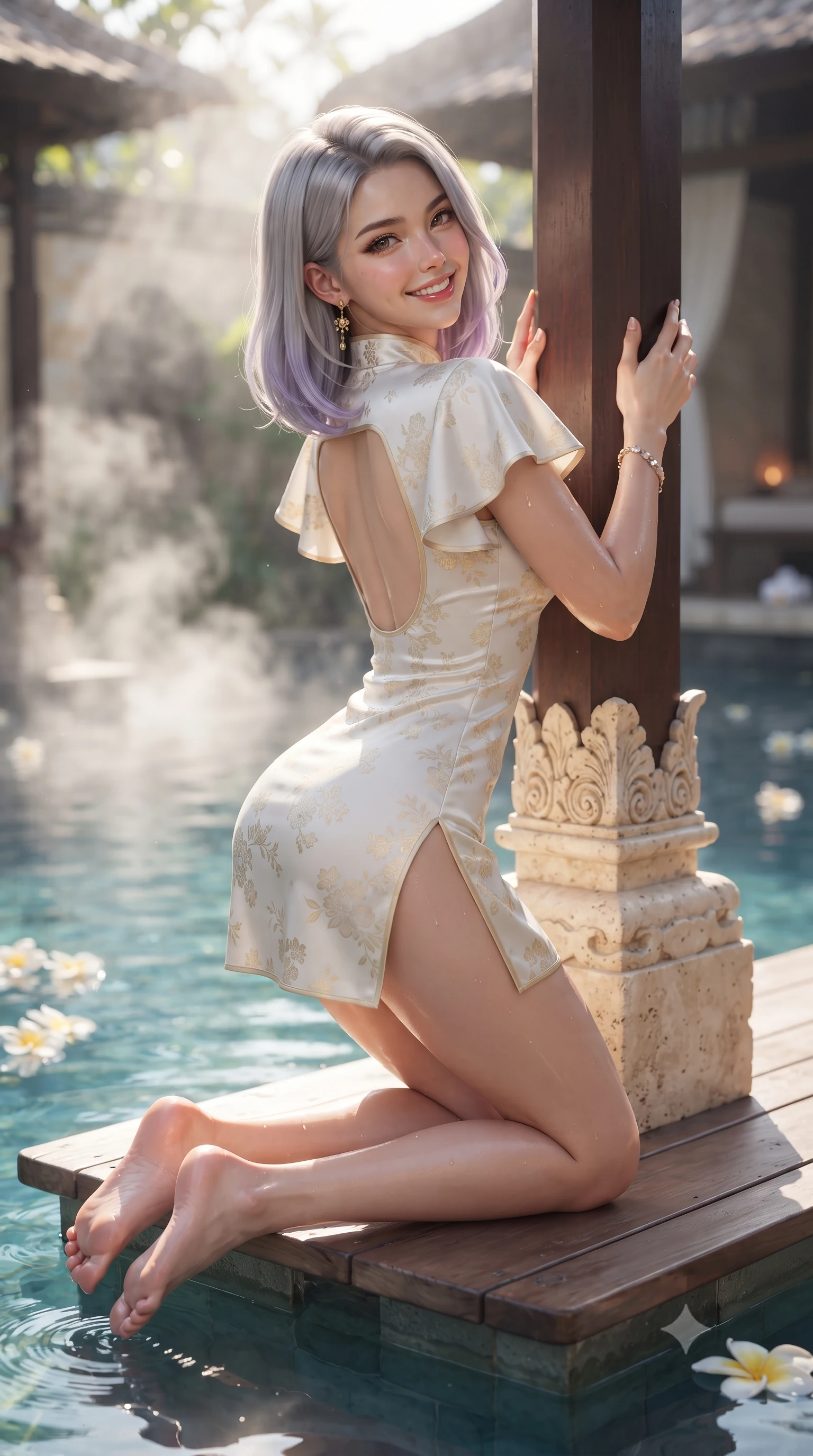score_9, masterpiece, best quality, ultra-detailed, high-budget anime keyframe, editorial fashion photography, tasteful artistic composition, Caucasian woman. low angle full-body shot from head to toe showing her feet, filling the entire 9:16 vertical frame with her statuesque presence, stretching her vertical silhouette. leaning deep against the sunlit architecture with hips cocked back in a cute yet unapologetically alluring high-fashion stance, flashing a warm beaming smile while kneeling gracefully on a floating wooden platform surrounded by water, her athletic slender curves and curvy hips creating a breathtaking line. The composition keeps background elements in soft focus with dreamy creamy bokeh. rising morning mist vapors and floating frangipani blossoms softened in exotic Balinese shallow focus. She has an exceptionally tall and slender model-like 8.5-heads proportion, an ultra-slim waist, a flat toned midriff, narrow delicate ribcage, and beautifully sculpted feminine hips creating a graceful, slim hourglass silhouette without any bulky heaviness, with impossibly long slender legs. sharp v-shaped jawline, high-bridge nose, intricate jewel-like sparkling eyes with depth, thick eyelashes, glossy parted lips with a natural peach sheen, bright cheerful beaming smile with an enchanting and coquettish sensual glint, exuding both youthful cute charm and seductive allure, flawlessly proportioned anatomical accuracy, strict slender model proportions, natural body alignment, perfectly sculpted long slender limbs, ultra-slim waistline, clean dynamic posture without body distortion. wearing a modern cute qipao mini dress with double side slits ascending to the hip in pastel floral silk in pure alabaster white and sun-kissed gold, crafted from liquid-tight stretch jersey emphasizing every curve, featuring elegant flutter sleeves and a graceful square neckline, the precision-cut side openings and low-back scoop framing her graceful spine and the sensual sweep of her slim, toned hips. illuminated by wet specular pool highlights accentuating her slender neckline, narrow waist, and curvy hips. ultra-reflective glossy finish, specular highlights, rich textural contrasts, high-contrast stereoscopic depth, volumetric dynamic lighting, 2k, ultra detail, master piece, 9:16 ratio