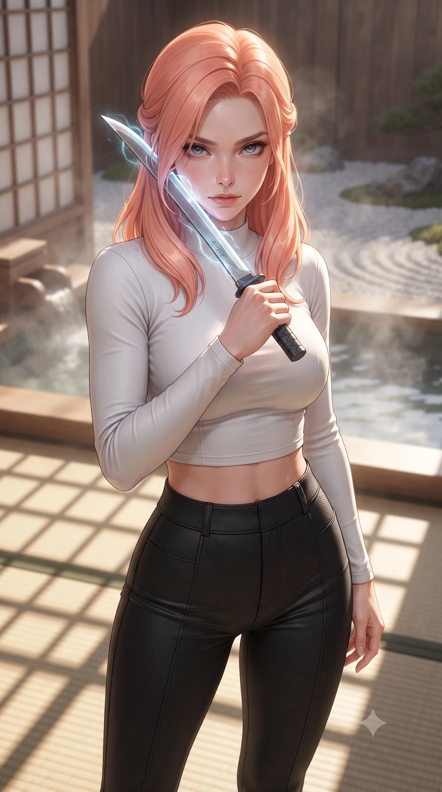 score_9, masterpiece, best quality, ultra-detailed, high-budget anime keyframe, editorial fashion photography, tasteful artistic composition, Japanese woman. close-up cowboy shot from the waist and thighs up, the character dominates the composition, filling the frame with her large presence, background elements kept in soft focus. pressing the flat side of a glowing vibro-blade against her cheek, locking eyes with the viewer with bedroom-eyes, the background shows a soft-focus a traditional ryokan cypress wood bath (hinoki) facing a sand gravel garden. She has an exceptionally elegant, slender, and willowy female figure with an ultra-slim waist, a gracefully sculpted slender torso, and a refined silhouette. sharp v-shaped jawline, high-bridge nose, intricate jewel-like eyes with depth, thick eyelashes, glossy lips with a natural sheen. wearing a tailored body-hugging long-sleeve tactical crop top in pure white, paired with high-waisted black carbon-weave skinny pants. soft late afternoon sunrays casting long wooden grid shadows on the tatami. ultra-reflective glossy finish, specular highlights, metallic sheen, high-contrast stereoscopic depth, volumetric dynamic lighting, 2k, ultra detail, master piece, 9:16 ratio