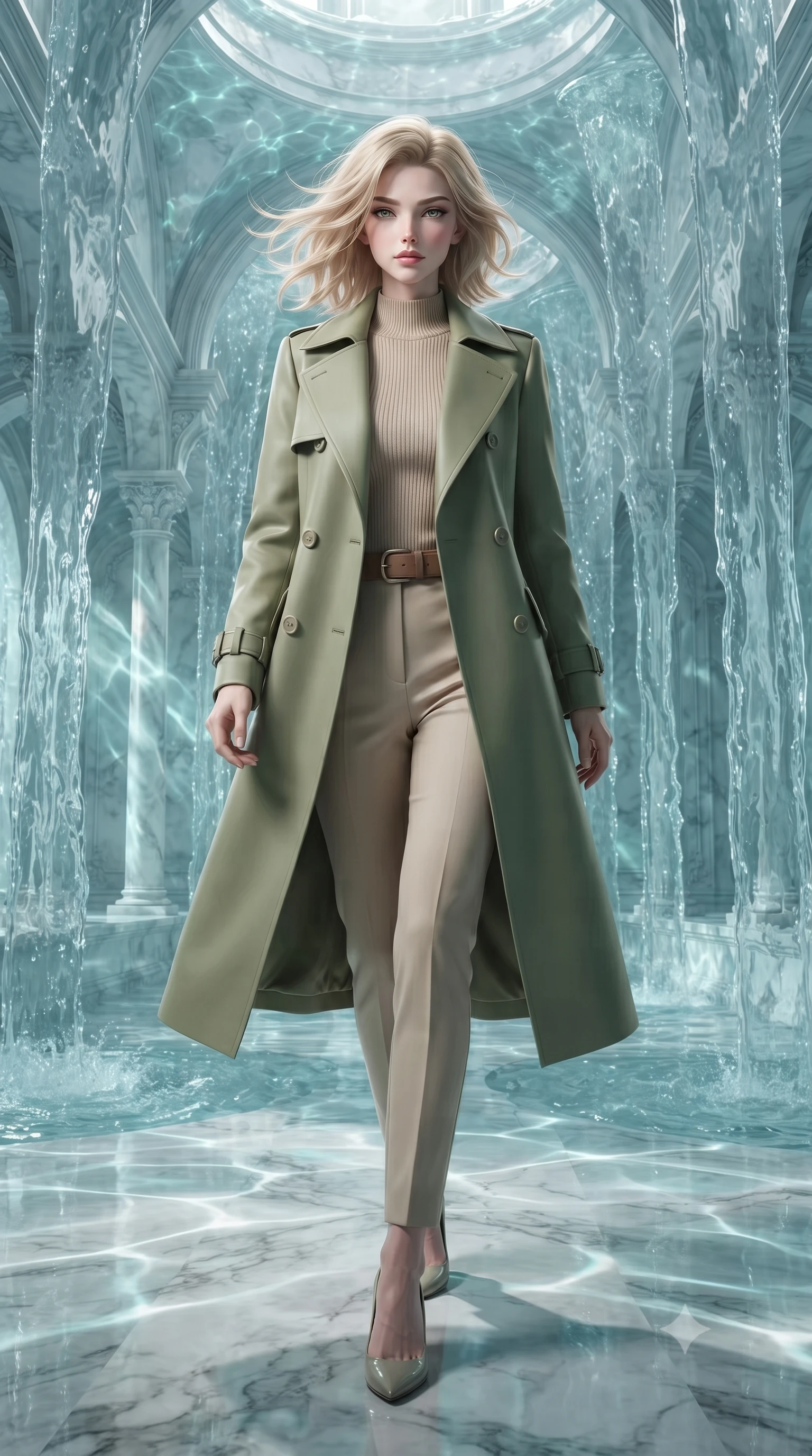score_9, masterpiece, best quality, ultra-detailed, high-budget anime keyframe, editorial fashion photography, tasteful artistic composition, Caucasian woman, strictly human ears. low angle full-body shot from head to toe showing her feet, filling the entire 9:16 vertical frame with her statuesque presence, stretching her vertical silhouette. threading her way through a celestial palace where water defies gravity and falls upward in shimmering reverse cascades forming archways columns and curtains of suspended crystalline water that catch and bend starlight. She has a statuesque 8.5-heads proportion, an exceptionally tall, slender and willowy model-like build with impossibly long legs and a highly sculpted ultra-slim waist. sharp v-shaped jawline, high-bridge nose, intricate jewel-like eyes with depth, thick eyelashes, glossy lips with a natural sheen. wearing a structured double-breasted trench in soft olive green over a beige ribbed knit mock-neck top and trousers. starlight refracting through the upward-flowing water creating constantly shifting caustic light patterns on the palace marble floors and walls in cool aqua tones. 2k, ultra detail, master piece, 9:16 ratio
