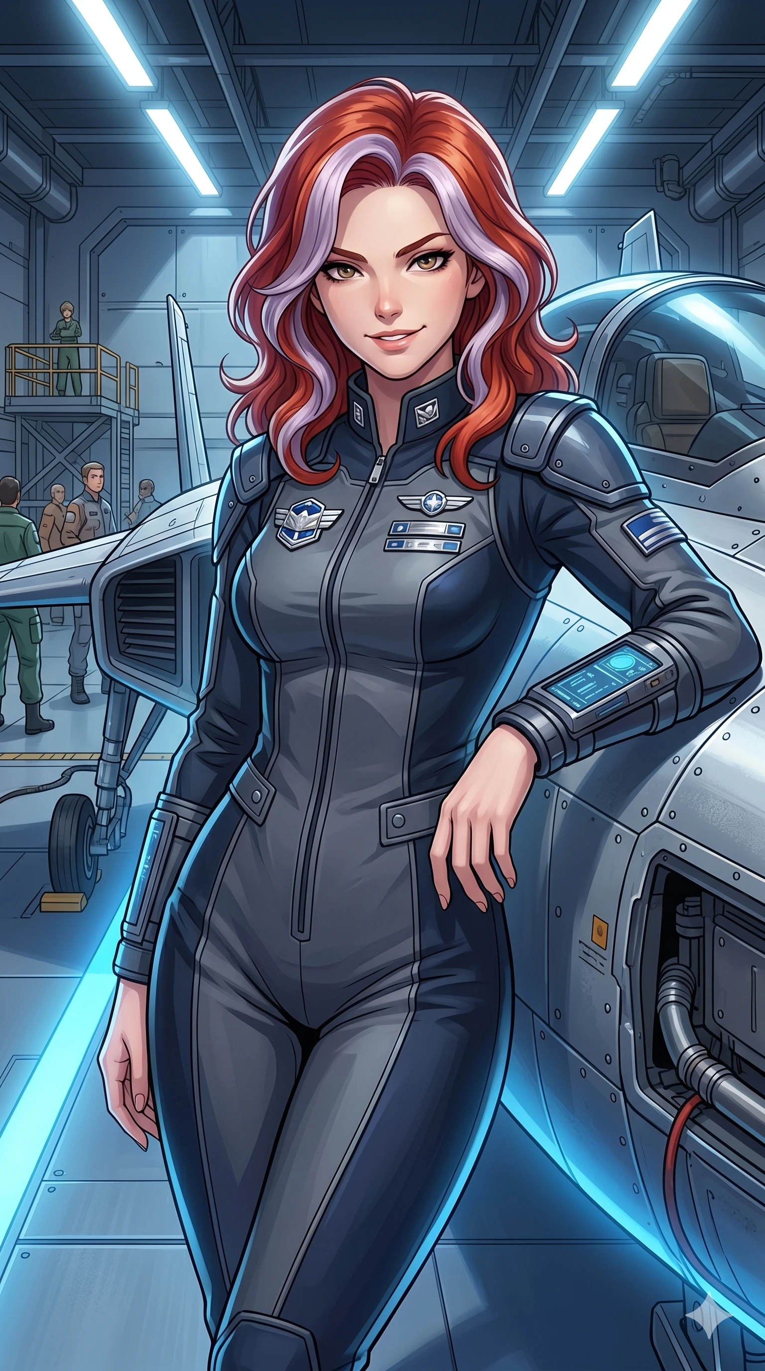 score_9, masterpiece, best quality, ultra-detailed, high-budget anime keyframe, Caucasian woman, strictly human ears. Upper body close-up from the thighs up, character filling the screen for maximum presence. Inside a spacecraft docking bay, next to a small shuttle, leaning against the ship's hull, looking at the camera with a confident grin. She is wearing a tailored flight jumpsuit with silver badges and structured shoulder panels. The scene is illuminated by the bright white hangar lights and blue landing strip guides. 2k, ultra detail, master piece, 9:16 ratio