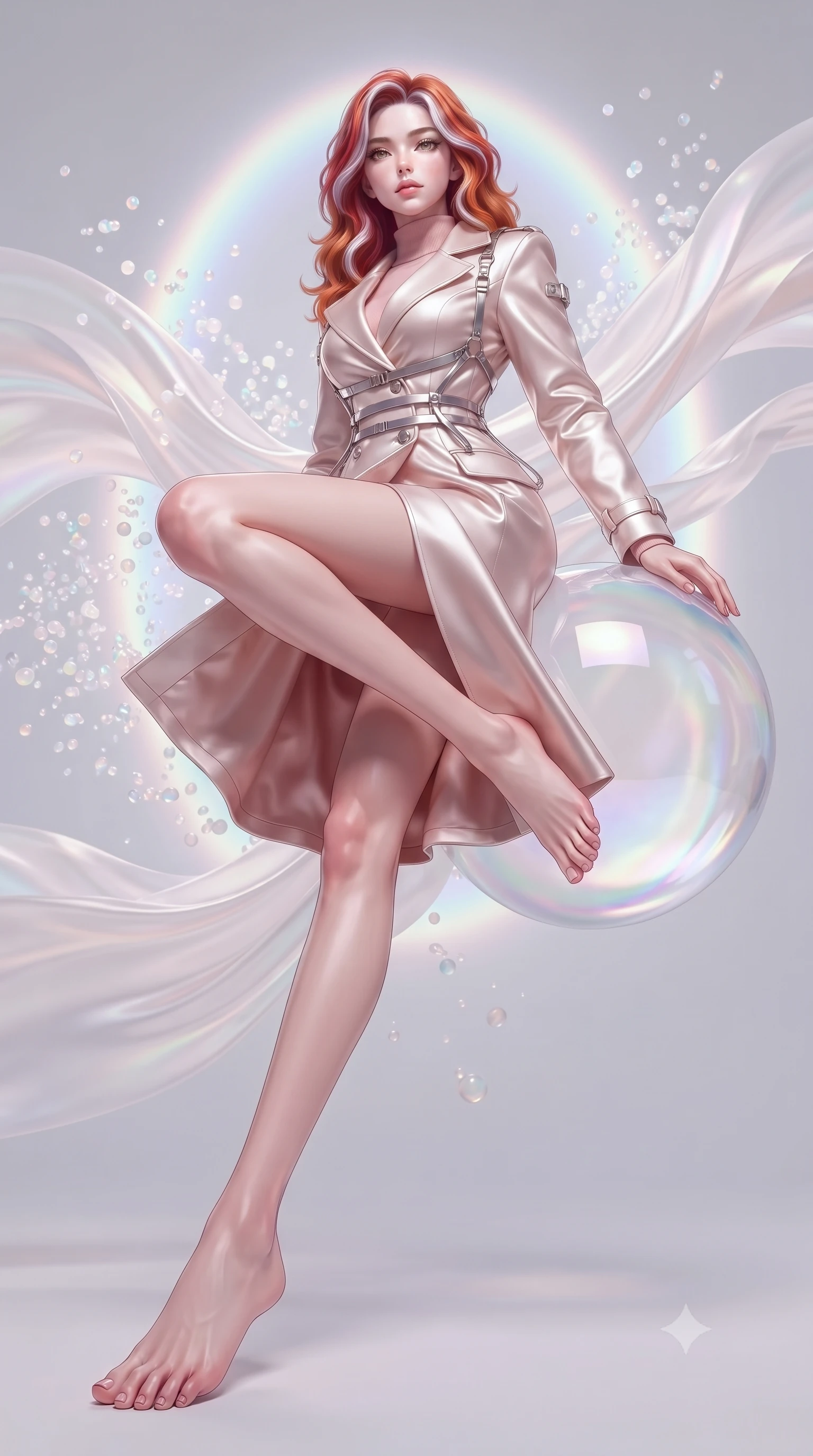 score_9, masterpiece, best quality, ultra-detailed, high-budget anime keyframe, editorial fashion photography, tasteful artistic composition, Caucasian woman. low angle full-body shot from head to toe showing her feet, filling the entire 9:16 vertical frame with her statuesque presence, stretching her vertical silhouette. interacting with floating opal particles, her long slender legs poised in motion, resting against a floating glass sphere amidst swirling opal fabric streams, high-fashion minimalist editorial composition. She has an absolutely perfect, statuesque 8.5-heads proportion, an exceptionally tall and slender model-like female figure with impossibly long slender legs and an ultra-slim waist. sharp v-shaped jawline, high-bridge nose, intricate jewel-like eyes with depth, thick eyelashes, glossy lips with a natural sheen. wearing structured pearl-white trench dress over sleek turtleneck in soft blush pink, made of soft rose-gold satin, highlighted by a platinum metallic harness structure, the fitted fabric emphasizing her ultra-slim waist. surrounded by a luminous iridescent aura with soft rim lights. ultra-reflective glossy finish, specular highlights, metallic sheen, high-contrast stereoscopic depth, volumetric dynamic lighting, 2k, ultra detail, master piece, 9:16 ratio