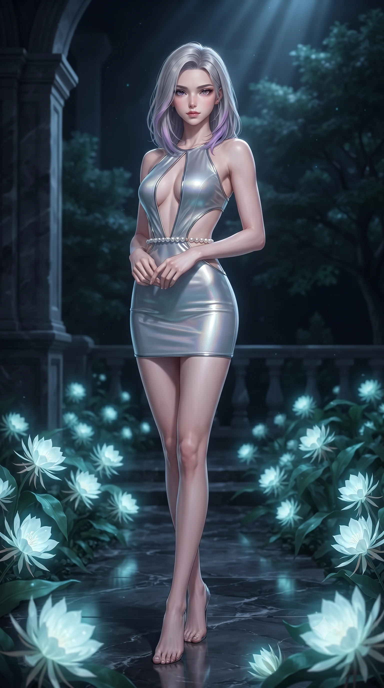 score_9, masterpiece, best quality, ultra-detailed, high-budget anime keyframe, editorial fashion photography, tasteful artistic composition, Caucasian woman. low angle full-body shot from head to toe showing her feet, filling the entire 9:16 vertical frame with her statuesque presence, stretching her vertical silhouette. forging confidently through the floating crystal mist, holding a poised statuesque stance, standing on a dark marble terrace covered in night-blooming bioluminescent white moonflowers, dark stone architecture and shadowy garden trees in soft background focus. She has an absolutely perfect, statuesque 8.5-heads proportion, an exceptionally tall and slender model-like female figure with impossibly long slender legs and an ultra-slim waist. sharp v-shaped jawline, high-bridge nose, intricate jewel-like eyes with depth, thick eyelashes, glossy lips with a natural sheen. wearing dramatic open-waist cutout mini dress in opal velvet framed by chrome hardware in radiant platinum, made of liquid mercury jersey, adorned with minimalist pearl hardware framing the waistline, following her slender form with tailored precision. illuminated by soft bioluminescent turquoise light from moonflowers and silver moonbeams. highly saturated vibrant anime colors, detailed shading with soft gradients, rich glossy textures, high-contrast stereoscopic depth, volumetric dynamic lighting, master piece, 9:16 ratio
