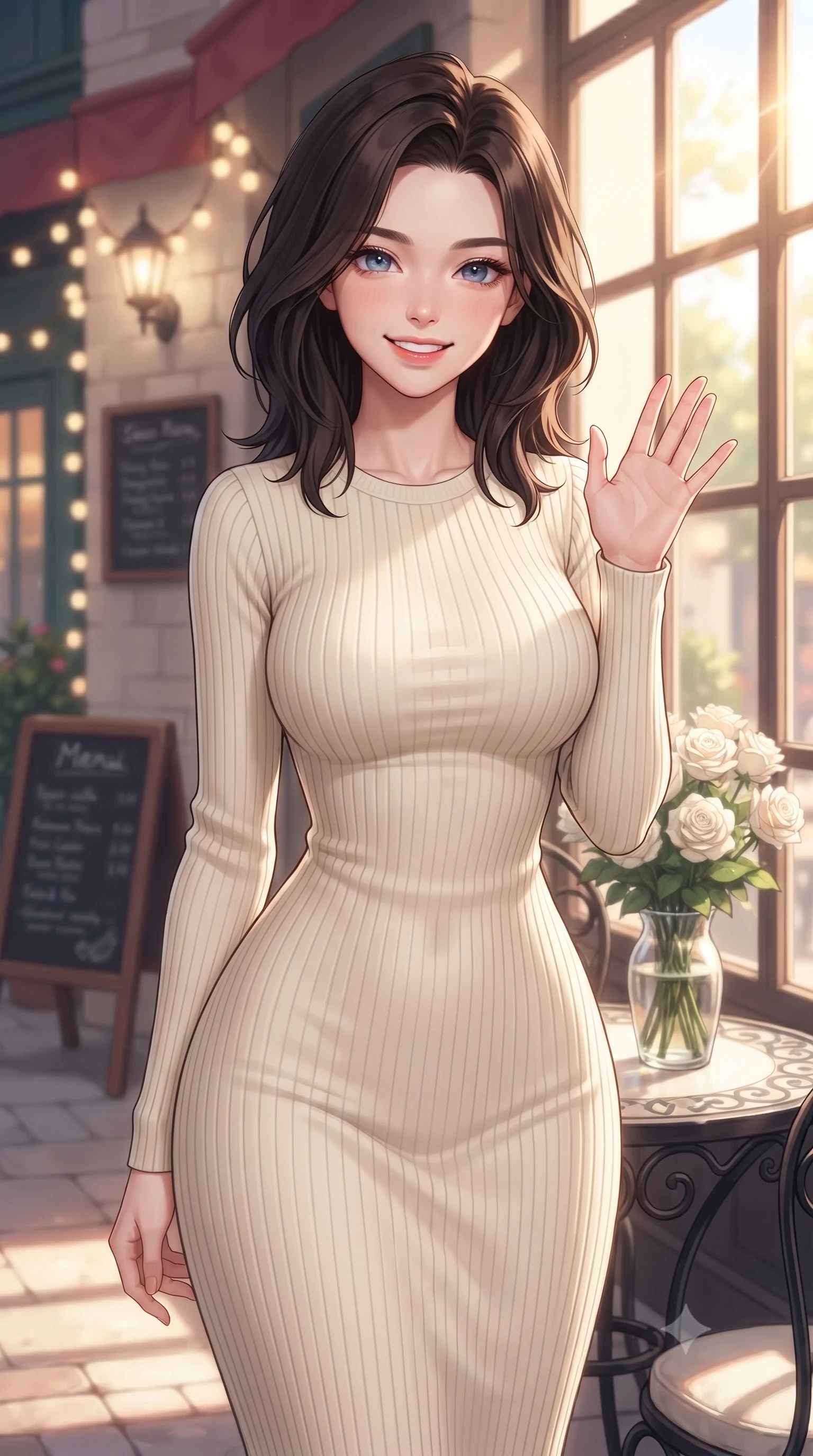 score_9, masterpiece, best quality, ultra-detailed, high-budget anime keyframe, editorial fashion photography, tasteful artistic composition, Korean woman. close-up cowboy shot from the waist and thighs up, the character dominates the composition, filling the frame with her large presence, background elements kept in soft focus. flashing a sweet, beaming smile while waving one hand gently toward the camera set against a soft-focus background of at an outdoor garden table of a cozy Italian bistro decorated with fairy lights with a small menu board and a vase of white roses on the table. She has an exceptionally elegant, slender, and willowy female figure with an ultra-slim waist, a gracefully sculpted slender torso, and a refined silhouette. sharp v-shaped jawline, high-bridge nose, intricate jewel-like eyes with depth, thick eyelashes, glossy lips with a natural sheen. wearing body-hugging form-fitting ribbed knit dress in cream, contouring her slender silhouette. bright afternoon sunlight streaming through the large window pane. highly saturated vibrant anime colors, detailed shading with soft gradients, rich glossy textures, high-contrast stereoscopic depth, volumetric dynamic lighting, master piece, 9:16 ratio