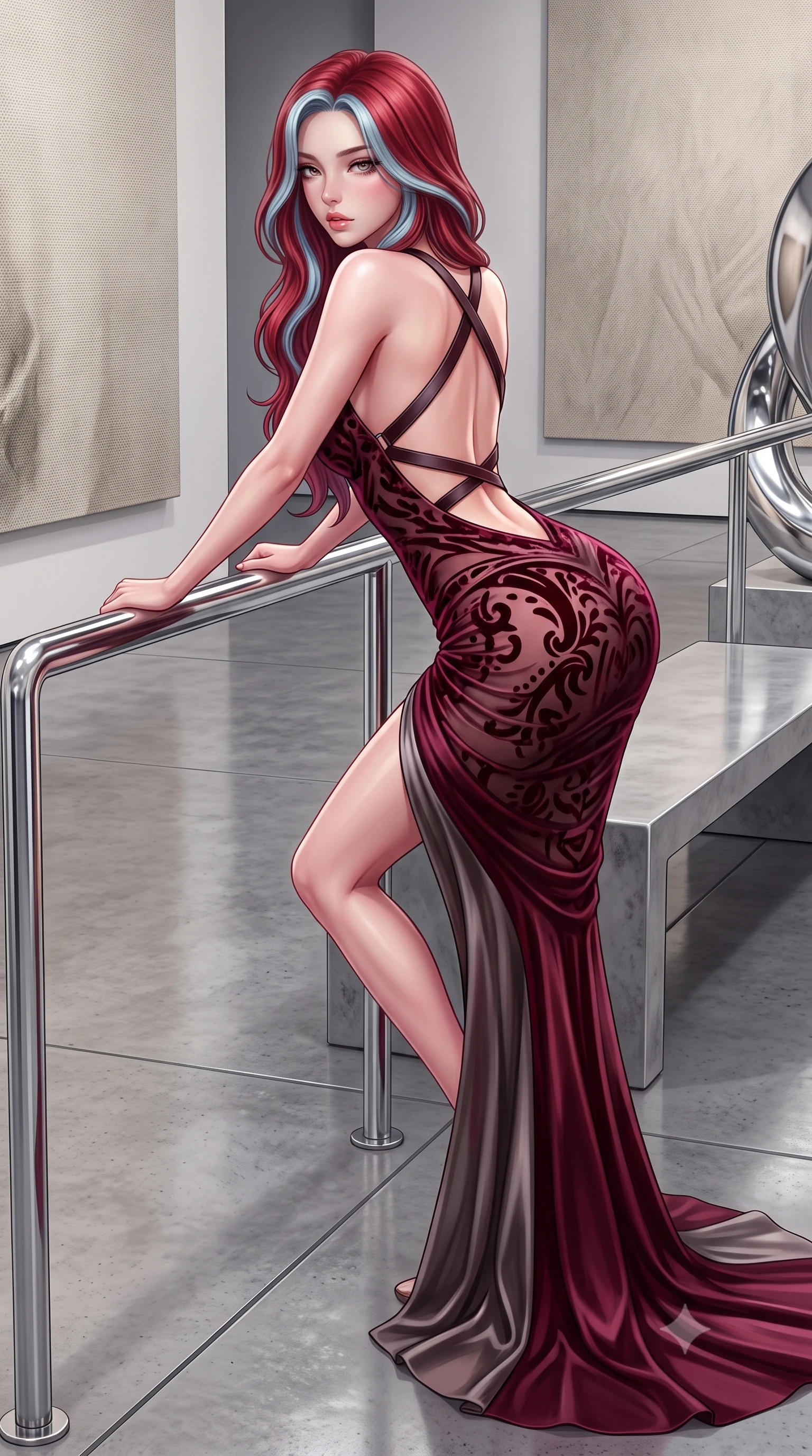 score_9, masterpiece, best quality, ultra-detailed, high-budget anime keyframe, semi-realistic 3D game render, editorial fashion photography, tasteful artistic composition, Caucasian woman. close-up cowboy shot from the waist and thighs up, the character dominates the composition, filling the frame with her large presence. leaning forward against the polished railing with her hips cocked back, creating an intoxicating curve from her narrow waist to sculpted hips as she gazes back into the lens while reclining on a sleek polished concrete bench propped on one hand, long legs extended to accentuate her razor-sharp slender hips and flat midriff. The surrounding environment is rendered in vivid detail and crisp panoramic clarity. sharp canvas texture weave, polished chrome sculpture surfaces, and concrete gallery floor seams in deep focus. She has an exceptionally elegant, slender, and willowy female figure with an ultra-slim waist, flat toned midriff, narrow ribcage, and sculpted feminine hips creating an alluring, slim hourglass silhouette without bulk. sharp v-shaped jawline, high-bridge nose, intricate jewel-like eyes with depth, thick eyelashes, glossy parted lips with a natural sheen, intensely captivating and seductive bedroom-eyes expression, flawlessly proportioned anatomical accuracy, strict slender model proportions, natural body alignment, perfectly sculpted long slender limbs, ultra-slim waistline, clean dynamic posture without body distortion. wearing an open-back duchess satin gala gown with a dramatic hip-hugging drape and cascading trailing hem in deep wine burgundy and brushed dark platinum, made of sheer contouring power-mesh with velvet flocking patterns, featuring an open-back criss-cross harness strap in dark leather, the form-contouring material adhering flawlessly to her sculpted flat midriff and slender torso, emphasizing her long leg lines and perfectly proportioned willowy build. surrounded by a sophisticated, avant-garde, and dangerously seductive art-world muse aura. highly saturated vibrant anime colors, detailed shading with soft gradients, rich glossy textures, high-contrast stereoscopic depth, volumetric dynamic lighting, master piece, 9:16 ratio