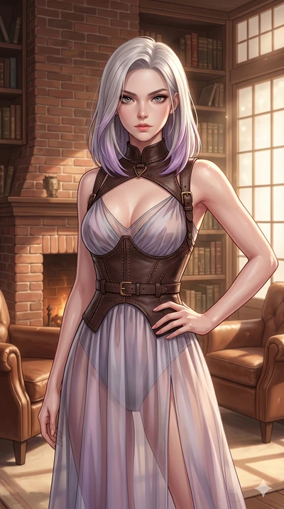 score_9, masterpiece, best quality, ultra-detailed, high-budget anime keyframe, editorial fashion photography, tasteful artistic composition, Caucasian woman, strictly human ears. cowboy shot from the thighs up, character and outfit filling the frame
