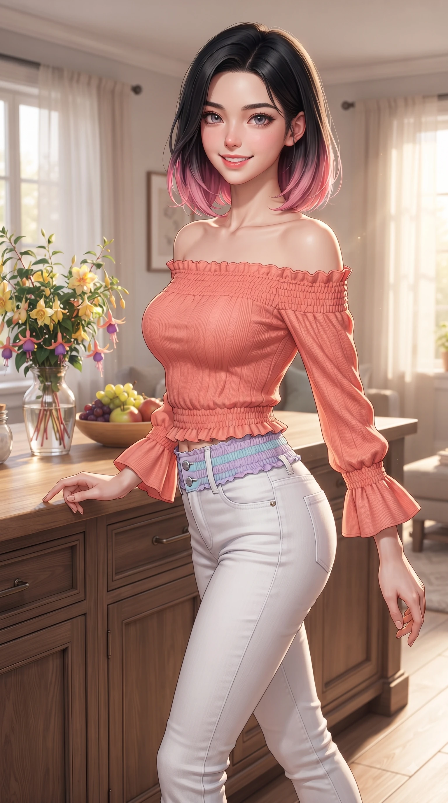 score_9, masterpiece, best quality, ultra-detailed, high-budget anime keyframe, editorial fashion photography, tasteful artistic composition, Korean woman. close-up cowboy shot from the waist and thighs up, the character dominates the composition, filling the frame with her large presence. Gazing directly into the camera with a fresh, infectious smile as her torso curves dynamically in mid-stride while standing near a wooden kitchen island decorated with fresh yellow flowers and breakfast fruit. The surrounding environment is rendered in vivid detail and crisp panoramic clarity. crisp morning sunbeams streaming through sheer drapes into a beautifully detailed living room space. She has an exceptionally elegant, slender, and willowy female figure with an ultra-slim waist, a gracefully sculpted slender torso, and a refined silhouette. sharp v-shaped jawline, high-bridge nose, intricate jewel-like eyes with depth, thick eyelashes, glossy lips with a natural sheen, flawlessly proportioned anatomical accuracy, natural body alignment, perfectly sculpted elegant limbs, clean dynamic posture without body distortion. wearing a stylish off-shoulder coral knit top with slim-fit white stretch denim pants in soft pastel lavender and sky blue, crafted from soft breathable linen, accented with soft smocked details and fluttery cuffs, the soft airy drape swaying gracefully with her dynamic movements. surrounded by a peaceful, intimate, and relaxing home atmosphere. ultra-reflective glossy finish, specular highlights, metallic sheen, high-contrast stereoscopic depth, volumetric dynamic lighting, 2k, ultra detail, master piece, 9:16 ratio