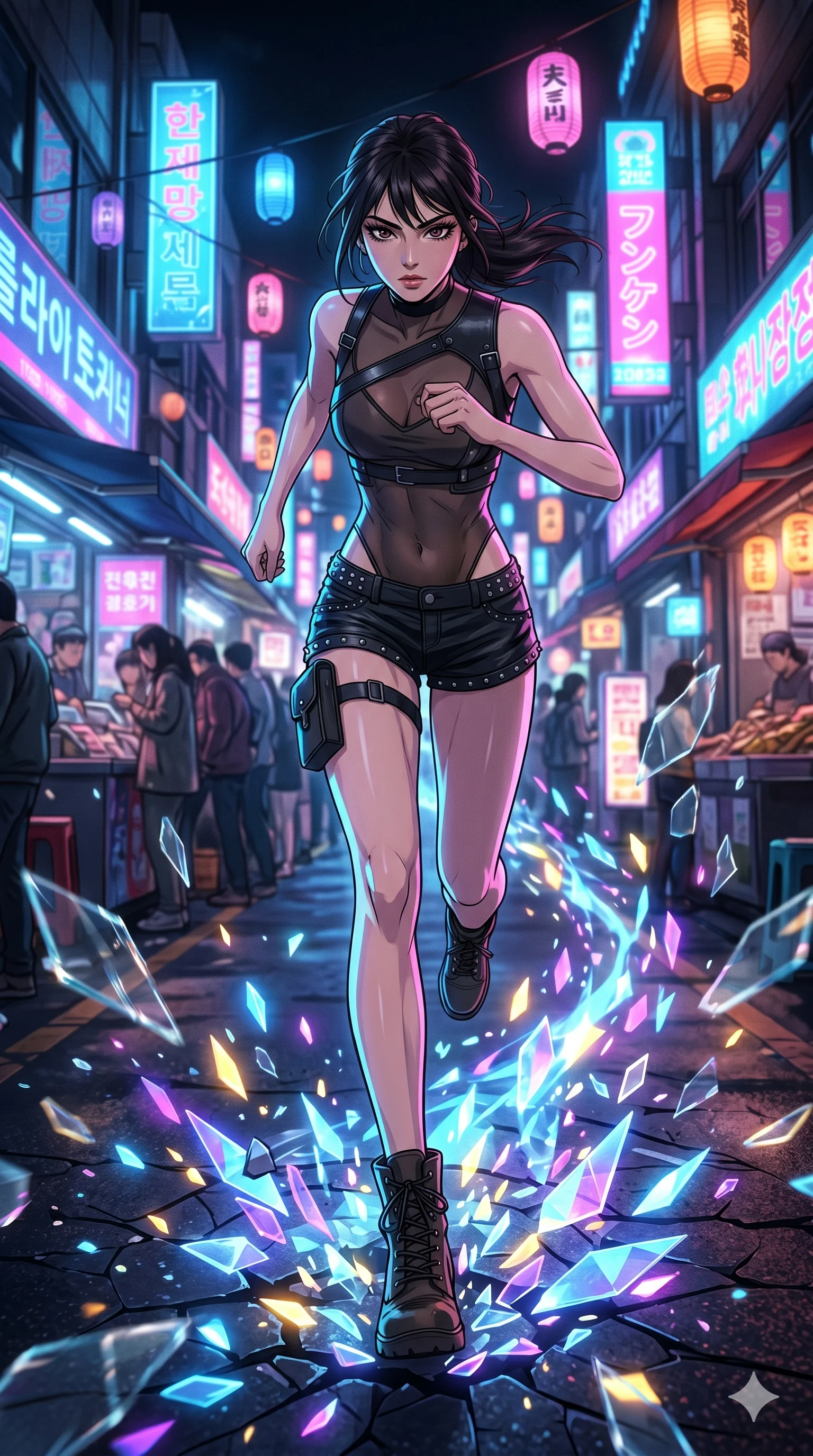 score_9, masterpiece, best quality, ultra-detailed, Set A: High-budget Anime Keyframe, Korean woman. Low angle cowboy shot filling the entire 9:16 frame with her statuesque presence. Sprinting through a futuristic night market, as the ground beneath her turns into 171 shards of light and surrounded by shattered glass fragments. She has an absolutely perfect 8-heads proportion, an exceptionally tall and slender female figure with impossibly long slender legs and an ultra-slim waist. Sharp v-shaped jawline, high-bridge nose, intricate jewel-like eyes with depth, thick eyelashes, glossy lips with a natural sheen. Wearing Asymmetrical leather harness over a sheer mesh leotard and studded micro-shorts. Cinematic lighting, vibrant colors, dramatic shadows, 2k, ultra detail, master piece, 9:16 ratio