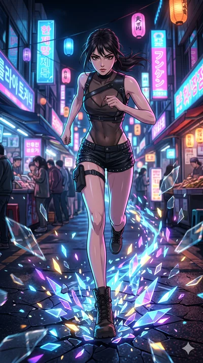 score_9, masterpiece, best quality, ultra-detailed, Set A: High-budget Anime Keyframe, Korean woman. Low angle cowboy shot filling the entire 9:16 frame with her statuesque presence. Sprinting through a futuristic night market, as the ground beneath 