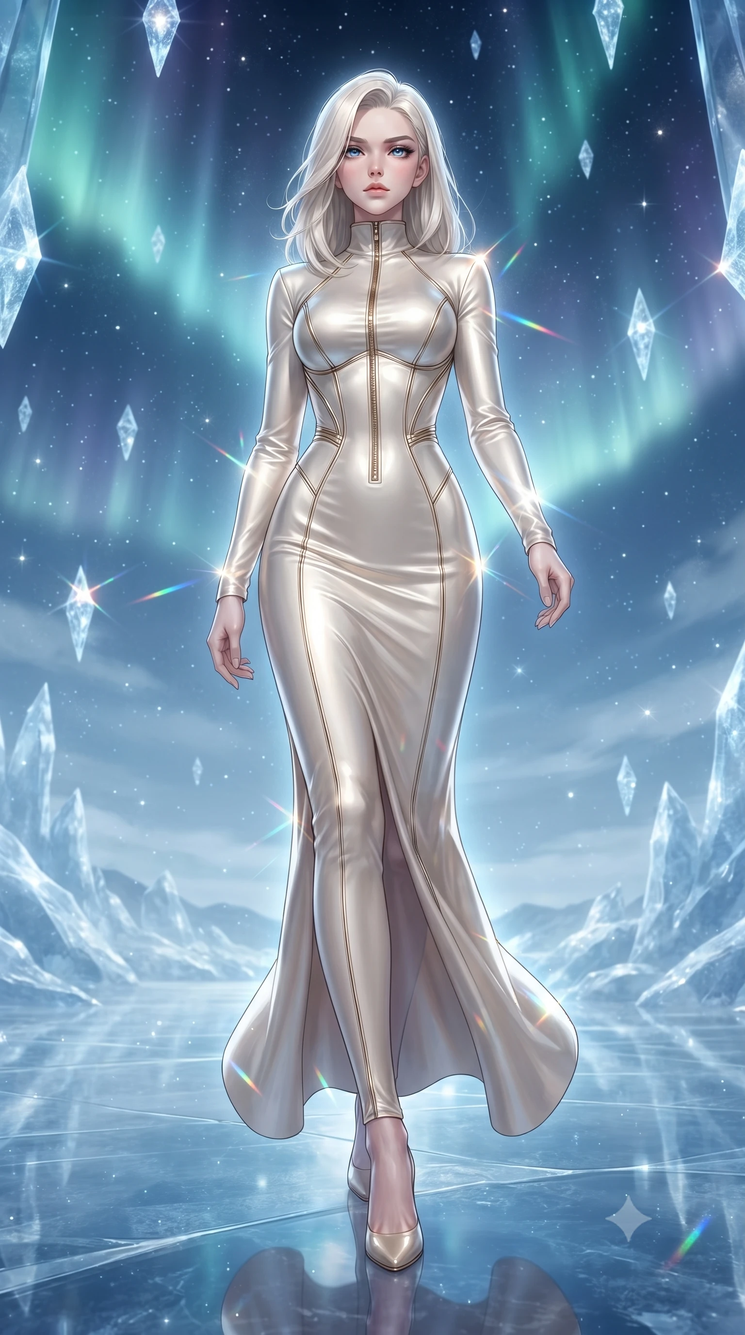 score_9, masterpiece, best quality, ultra-detailed, high-budget anime keyframe, editorial fashion photography, tasteful artistic composition, Caucasian woman. low angle full-body shot from head to toe showing her feet, filling the entire 9:16 vertical frame with her statuesque presence, stretching her vertical silhouette. navigating the celestial sanctuary with an effortless, graceful stride, navigating a frozen glass sanctuary surrounded by suspended ice crystals glinting under aurora, fine diamond dust frost glittering like stars in the cool ambient air. She has an absolutely perfect, statuesque 8.5-heads proportion, an exceptionally tall and slender model-like female figure with impossibly long slender legs and an ultra-slim waist. sharp v-shaped jawline, high-bridge nose, intricate jewel-like eyes with depth, thick eyelashes, glossy lips with a natural sheen. wearing floor-length high-neck champagne silk velvet gown with long sleeves in glowing ivory, made of liquid mercury jersey, finished with metallic gold boning and sleek zipper points, contouring every curve with an exceptionally elegant silhouette. surrounded by a radiant glacial aura with sharp rainbow specular highlights. ultra-reflective glossy finish, specular highlights, metallic sheen, high-contrast stereoscopic depth, volumetric dynamic lighting, 2k, ultra detail, master piece, 9:16 ratio