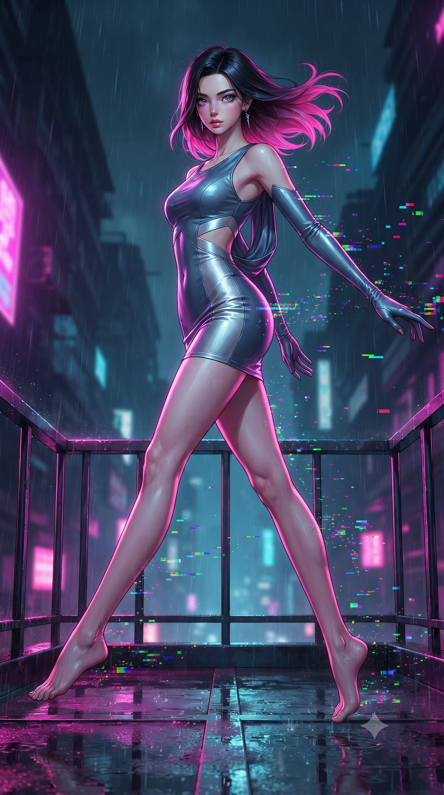 score_9, masterpiece, best quality, ultra-detailed, high-budget anime keyframe, editorial fashion photography, tasteful artistic composition, Korean woman. low angle full-body shot from head to toe showing her feet, filling the entire 9:16 vertical frame with her statuesque presence, stretching her vertical silhouette. leaping gracefully through mid-air with statuesque elegance, her impossibly long slender legs stretched in perfect balance while pivoting gracefully on a rain-slicked balcony as RGB glitch noise scatters nearby, RGB glitch noise patterns casting colorful pixel trails along her movement. She has an absolutely perfect, statuesque 8.5-heads proportion, an exceptionally tall and slender model-like female figure with impossibly long slender legs and an ultra-slim waist. sharp v-shaped jawline, high-bridge nose, intricate jewel-like eyes with depth, thick eyelashes, glossy lips with a natural sheen, flawlessly proportioned anatomical accuracy, natural body alignment, perfectly sculpted elegant limbs, clean dynamic posture without body distortion. wearing a precision-fitted liquid jersey bodycon dress with a graceful draped back in slate blue and metallic silver, tailored from high-gloss patent leather, featuring subtle geometric cutouts that highlight her ultra-slim midriff, the glove-like fit emphasizing her statuesque silhouette during motion. drenched in intense neon magenta and cyan rim light with dark urban contrast. ultra-reflective glossy finish, specular highlights, metallic sheen, high-contrast stereoscopic depth, volumetric dynamic lighting, 2k, ultra detail, master piece, 9:16 ratio