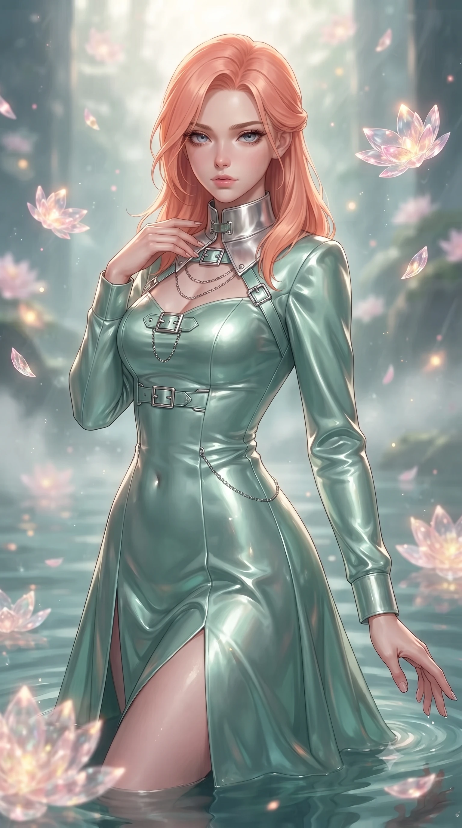 score_9, masterpiece, best quality, ultra-detailed, high-budget anime keyframe, editorial fashion photography, tasteful artistic composition, Japanese woman. close-up cowboy shot from the waist and thighs up, the character dominates the composition, filling the frame with her large presence, background elements kept in soft focus. Casting a slow, direct gaze beneath heavy lashes with quiet intensity, navigating a water sanctuary as crystal lotus petals float gracefully in zero gravity, translucent crystal lotus petals scattering soft pink and gold light. She has an exceptionally elegant, slender, and willowy female figure with an ultra-slim waist, a gracefully sculpted slender torso, and a refined silhouette. sharp v-shaped jawline, high-bridge nose, intricate jewel-like eyes with depth, thick eyelashes, glossy lips with a natural sheen. wearing long-sleeved seafoam green satin gown with high structured collar in radiant platinum, made of high-gloss liquid pearl vinyl, framed by polished silver buckles and delicate chain details, the fitted fabric emphasizing her ultra-slim waist. lit by clear golden-hour rays cascading through water garden mist. ultra-reflective glossy finish, specular highlights, metallic sheen, high-contrast stereoscopic depth, volumetric dynamic lighting, 2k, ultra detail, master piece, 9:16 ratio